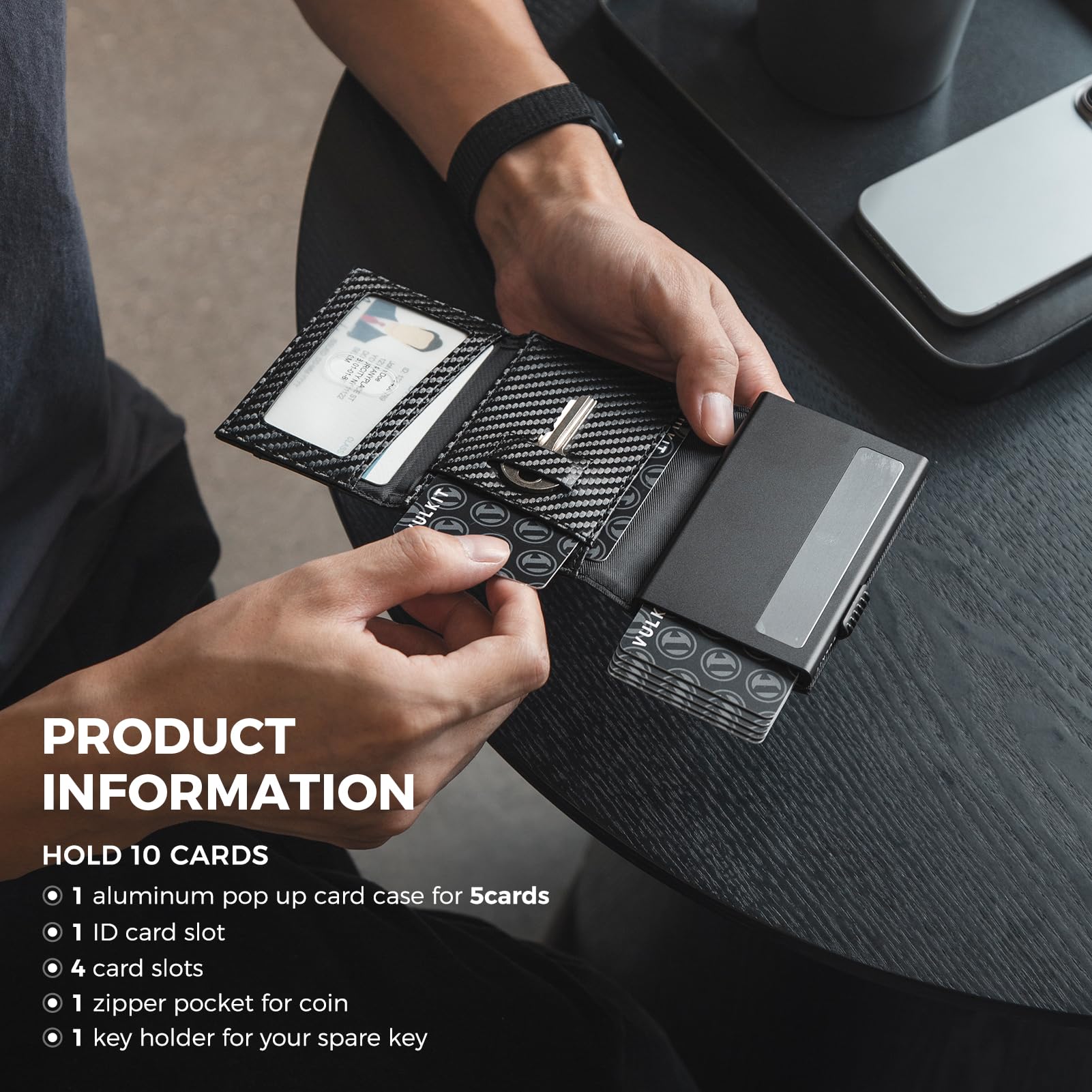 VULKIT Pop Up Card Holder Minimalsit Wallet Metal Card Case RFID Blocking With Coin Purse And Key Hole For Men Carbon Fiber