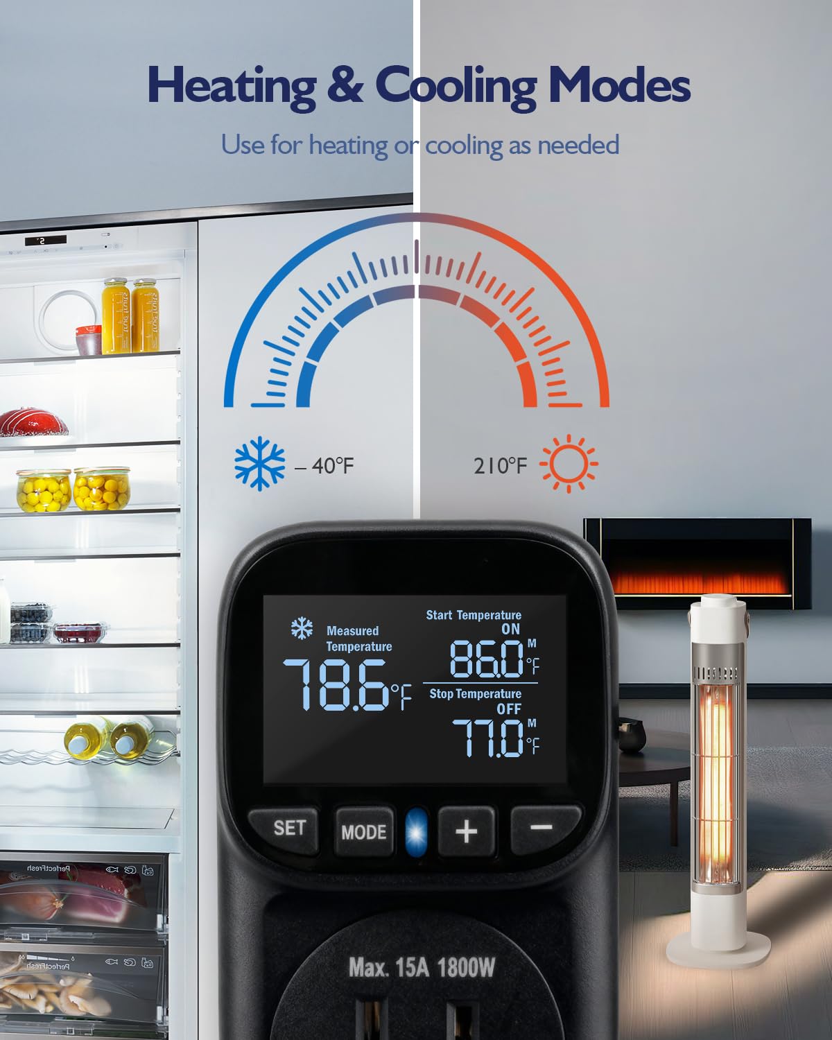 Temperature Controlled Outlet, Heavy Duty 15A 1800W Heating Cooling Thermostat Plug Outlet, -40℉~210℉ LCD Display Plug in Thermostat for Heater Greenhouse Incubator Homebrew Heat Lamp - image 3