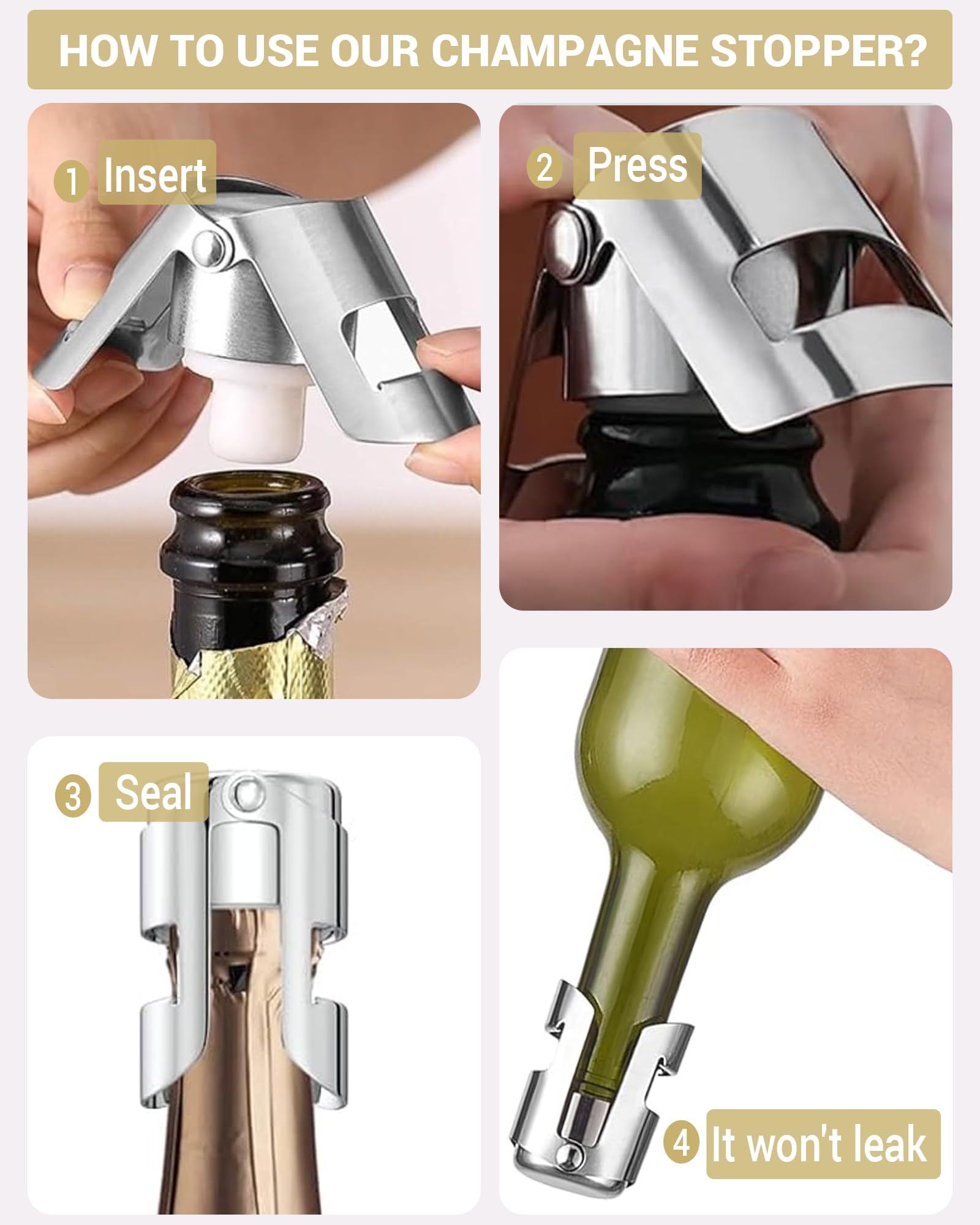 Tapones de champán, paquete de 2 tapones de vino de acero inoxidable a prueba de fugas con sello de silicona para cava, prosecco y más, color plateado 3