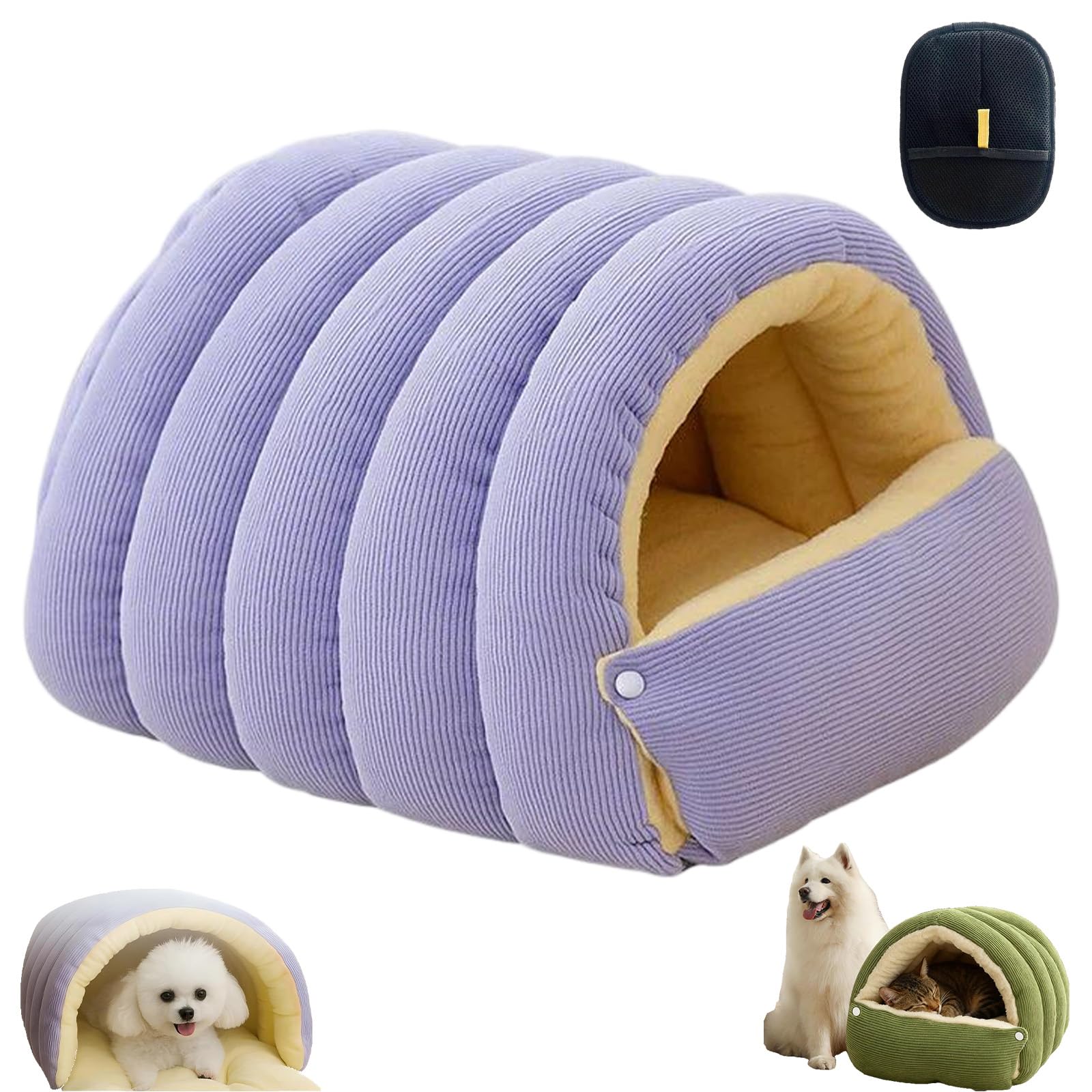 XKrmp Cozy Cocoon Dog Bed​ & ​Cat Bed Cave​ - ​Plush Hooded Pet Bed​ with ​Anti-Slip Bottom, ​Washable Dog Bed​ for Calming ​Indoor Cats​ and Small Breeds (Purple,L)