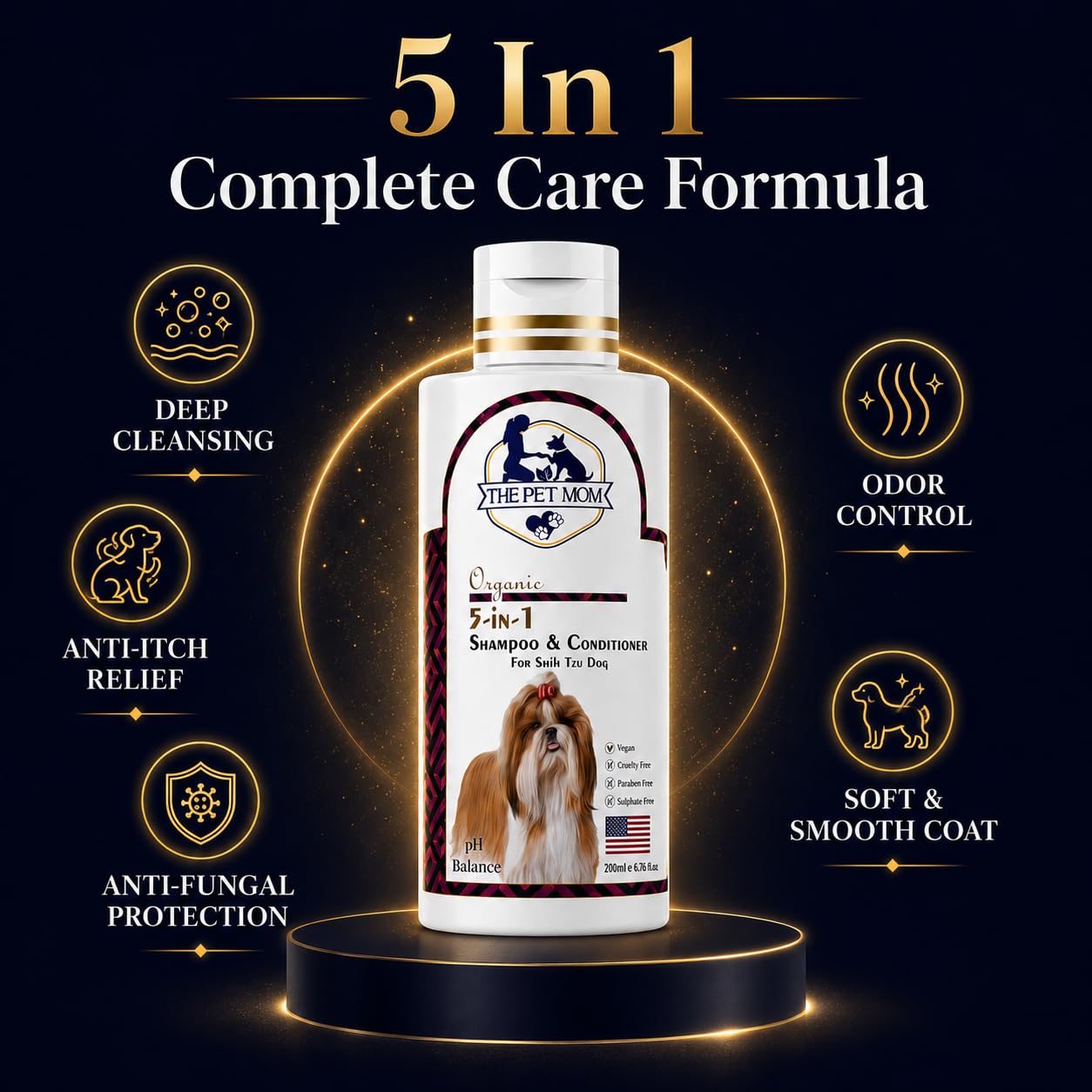 The Pet Mom Organic 5 In 1 Shampoo & Conditioner For Shih Tzu Dog & Puppy | Deep Cleans, Refreshing, Conditions, Anti Itching, Anti Fungal, Bad Odor | Dog Shampoo Conditioner For All Dogs Breed –200ml 1