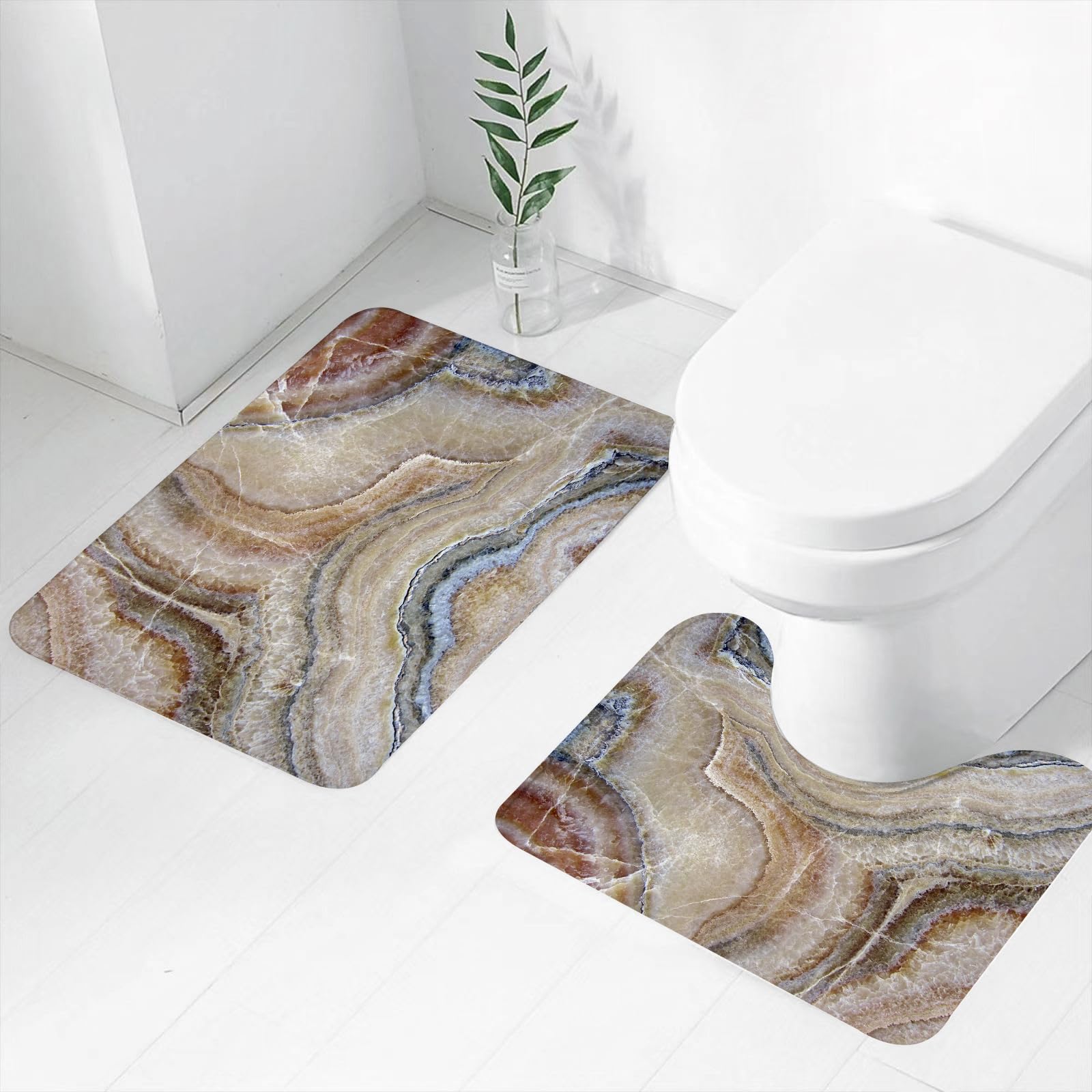 Badezimmerteppich Set 2 Teilig Waschbar rutschfeste Badematte Toilettenmatte Weich Saugfähige Badteppiche,Marmor, surreales Onyxstein-Oberflächenmuster, hellblau. Details. Künstlerisches Bild,