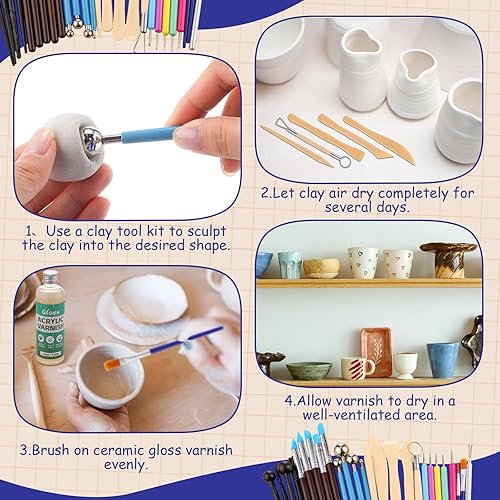 Miniatura 4 de Arcilla seca al aire de 2.2 libras para adultos con barniz brillante y 26 piezas de herramientas de esculpir, color blanco, natural, para modelar,