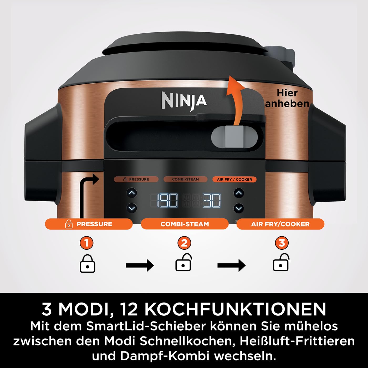 Ninja Foodi MAX Multikocher mit SmartLid, 7,5L, 12-in-1 Multicooker, Pressure Cooker Schnellkochen, Air fryer Heißluftfrittieren, Slow Cooker Langsamkochen, Kupfer/Schwarz, Amazon Exklusiv, OL650EUCP