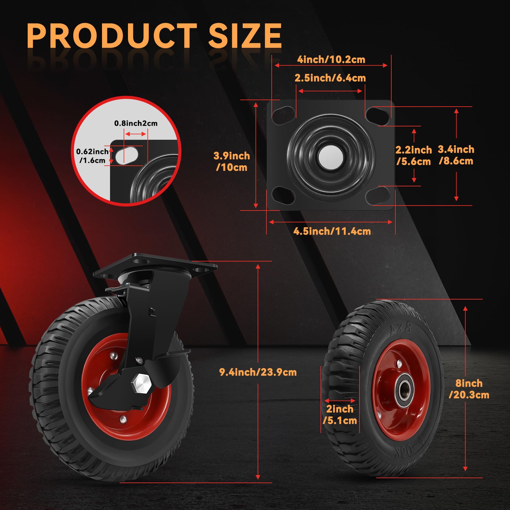 W B D WEIBIDA Ruote in Caoutchouc per Uso Industriale Pesante, 200mm 2 Ruote Girevoli e 2 Ruote con Freno per Trolley, Mobili, Elettrodomestici, Scaffali, Amortizzanti e Antiscivolo, Capacità 1000kg