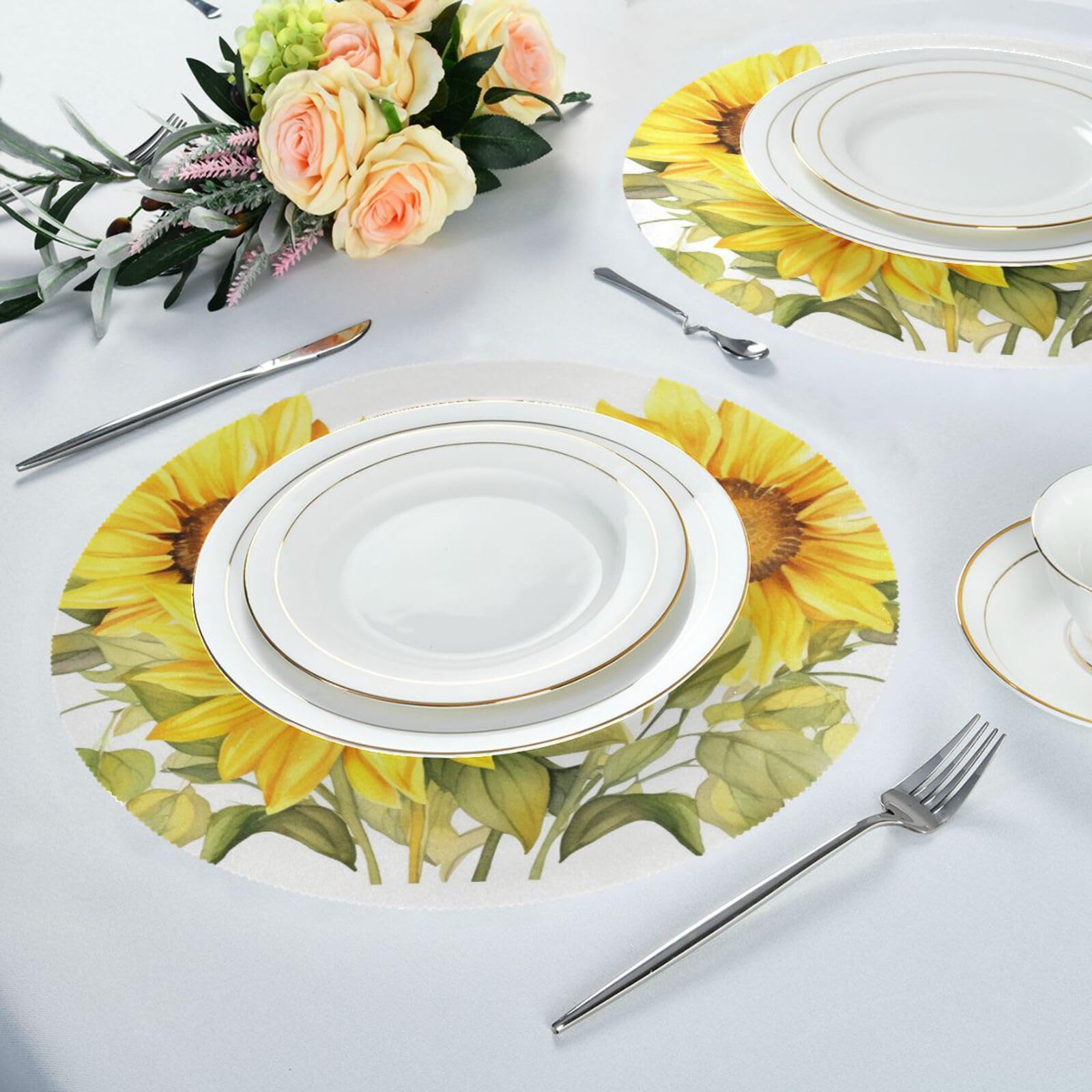 Flower Placemats Sunflower Flower Round Placemats Set of 6 for Kitchen Table Washable Table Mats Place Mats - Image 4