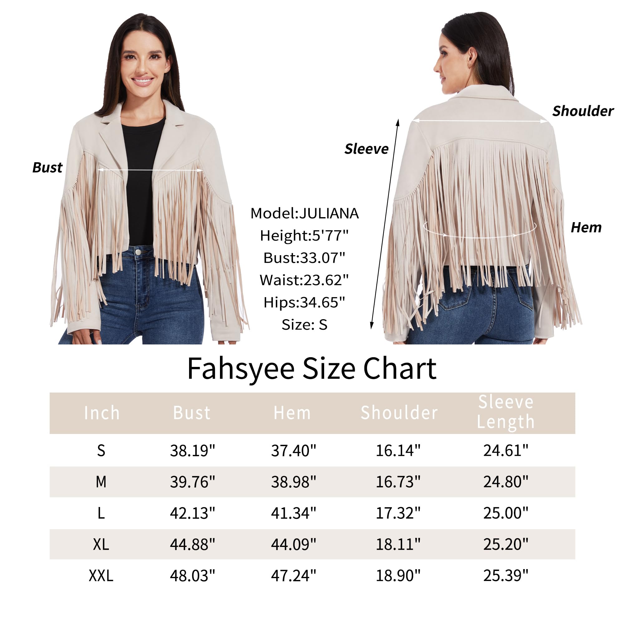 Fahsyee Damskie kurtki skórzane z frędzlami - zamsz sztuczny motocykl rowerzysta przycięty płaszcz wegański blezer pleather moda frędzle S-XXL
