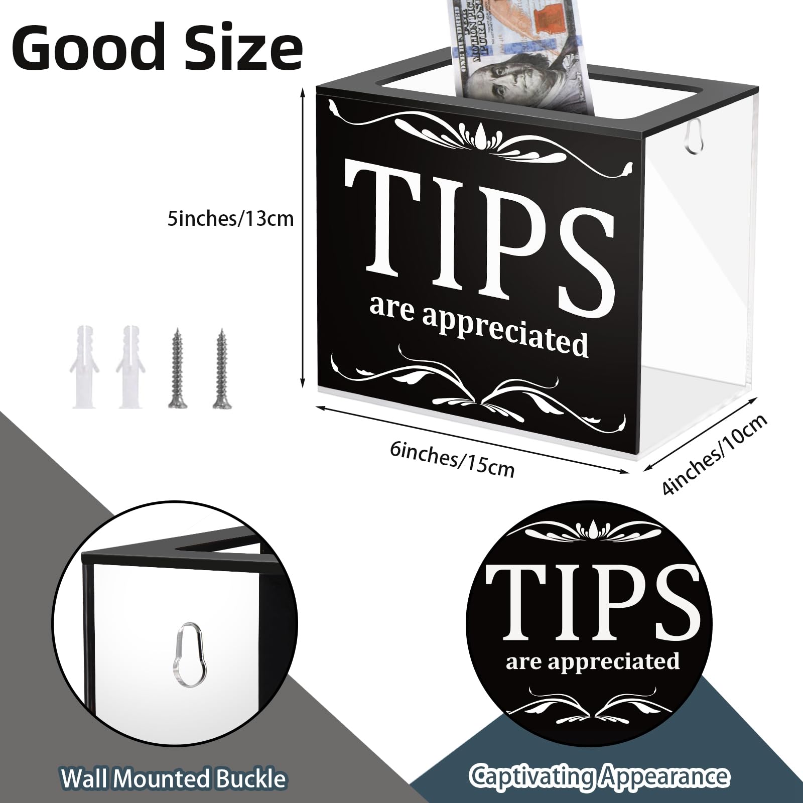 Prounion Tip Jars for Money Acrylic Tip Box Bucket 6 x 4 x 5 Inch Money Coin Storage Container Acrylic Donation Collection Suggestion Raffle Cash Box Jar for Restaurants Musicians Bartender - Image 2