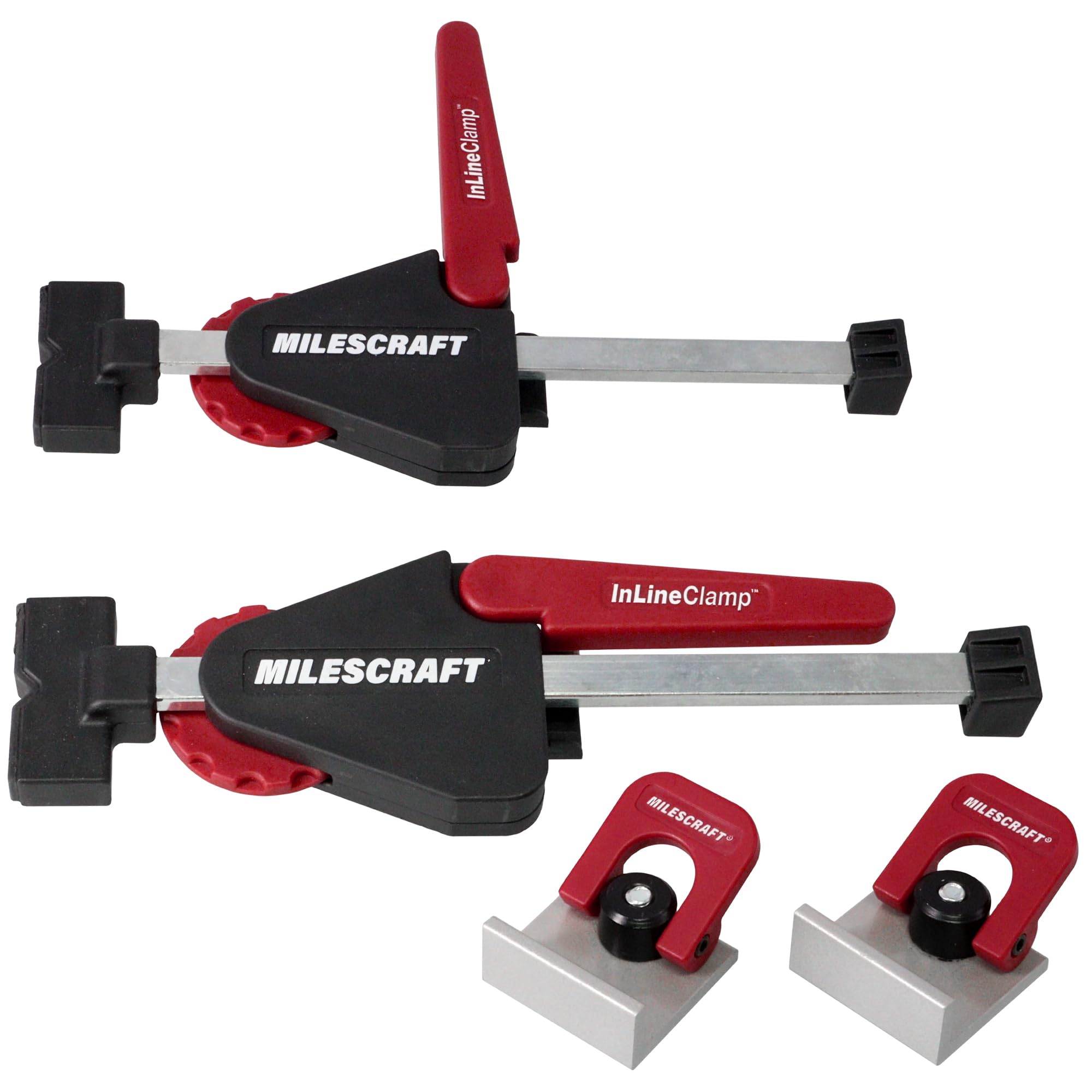 Milescraft 4030 Inline Clamps T Track Clamp (2 Pack) – Adjustable T-Track Clamps for Woodworking. Apply Horizontal Pressure for All Your Clamping Projects. Includes (2) CamStop Clamps.