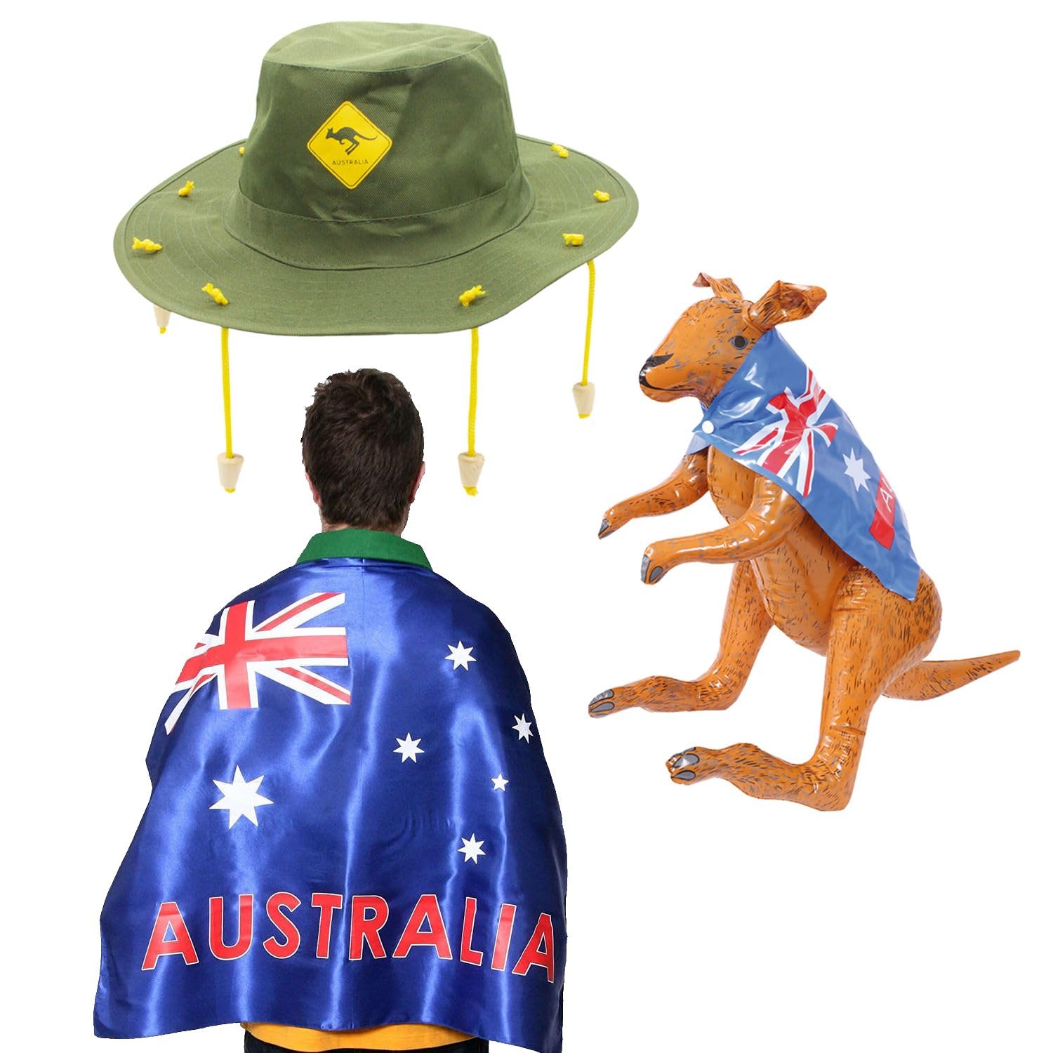 I LOVE FANCY DRESS Australia Day Costume Set - Aussie Flag + Australian Cork Hat w/Yellow Kangaroo Print + Inflatable Brown Kangaroo
