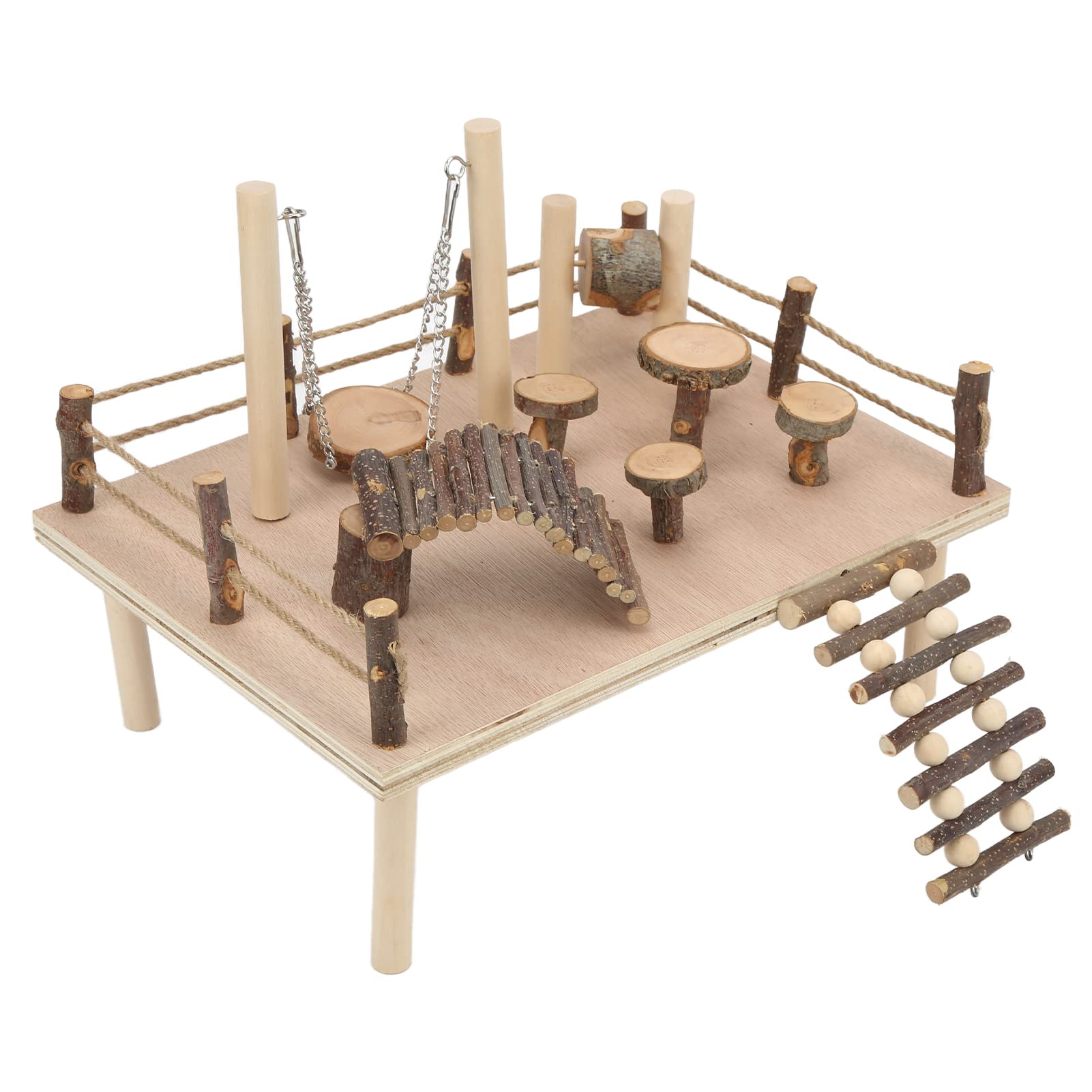 Set Parco Giochi per Criceti in Legno Naturale con Sistemi di Arrampicata e Altalena per Piccoli Animali in Legno di Melo 35x26x17 Cm