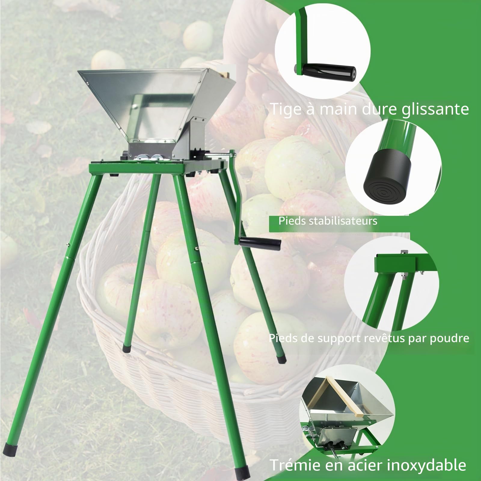 Broyeur de fruits et pommes avec volant d'inertie et support – Moulin à jus manuel en acier inoxydable de 7 L, broyeur à fruits pour pressage du vin et du cidre