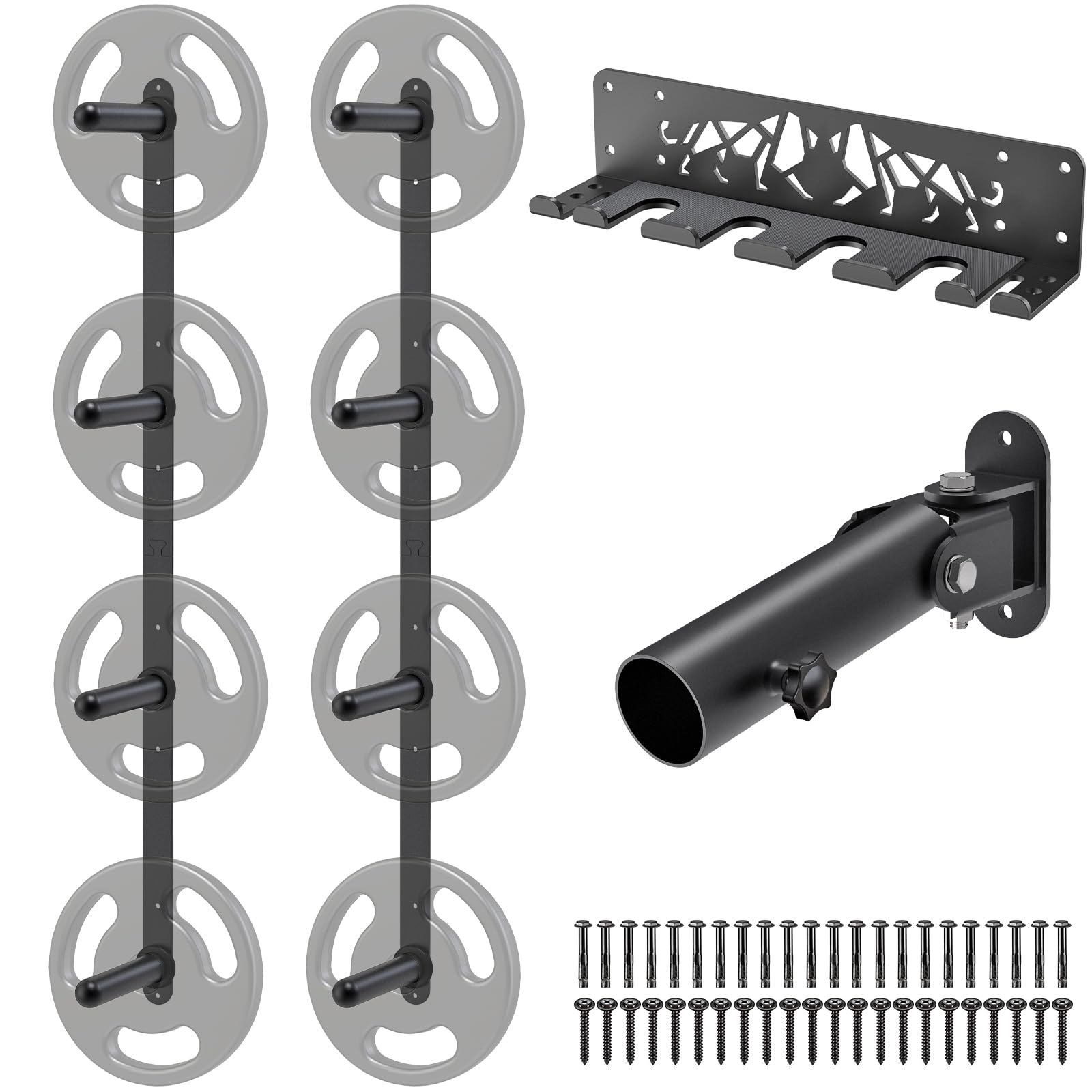 Kipika Gym Organizer Set - Wall Mounted 4 Pegs Weight Plate Storage Rack (2 Pack), Barbell Storage Rack with T-Bar Row Landmine Platform Attachment - Durable Steel Construction, Easy Installation