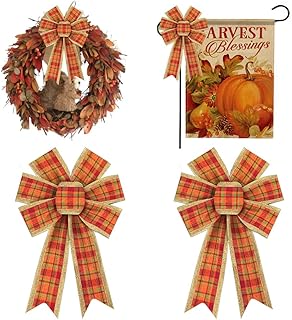 2 Pieces Fall Bows for Wreath, Thanksgiving Wreath Bows Red Orange Buffalo Plaid Bows Autumn Burlap Bows Holiday Decorative Bows for Front Door Fall Thanksgiving Day Decorations
