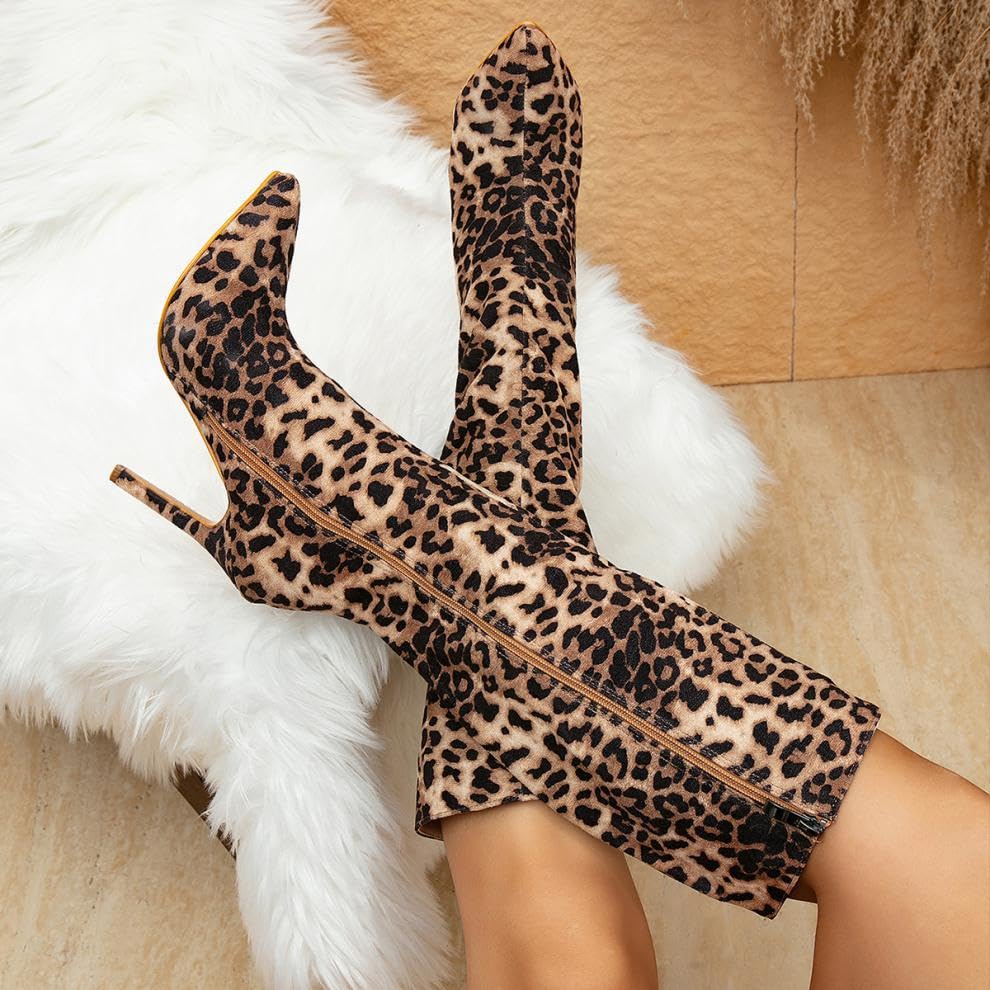 Womens Knee High Boots Slouchy Boots Sexy Tall Long Boots Leopard Pointed Toe Side Zip High Stilettos Heel Boots3