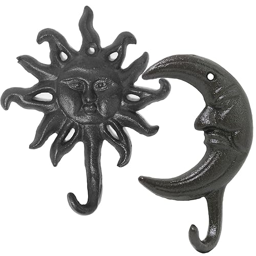 TANGAN Cast Iron Hook, 2Pcs Heavy Duty Vintage Cast Iron Hooks - Sun and Moon