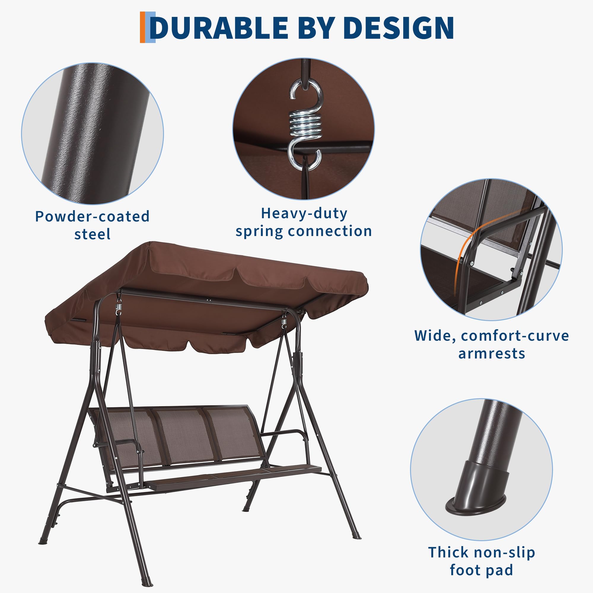 Garvee Balancelle de Jardin 3 Places, Toit Inclinable Réglable, Assise et Dossier Ergonomiques en Textilène Respirant, Structure en Acier Époxy Anticorrosion, pour Terrasse et Jardin