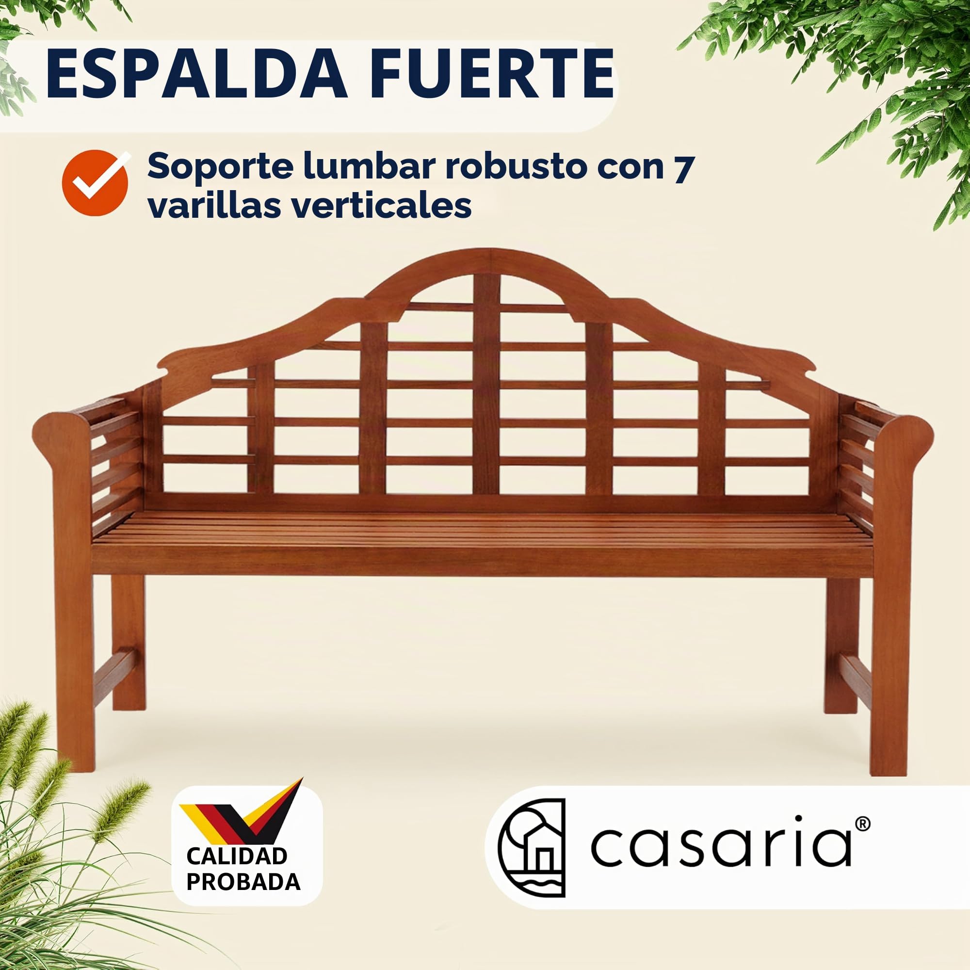 CASARIA® Banco de Jardín Madera Eucalipto con Reposabrazos Respaldo Certificación FSC® Capacidad Carga 320KG Mueble Exterior Terraza Balcón Resistente Intemperie Marrón