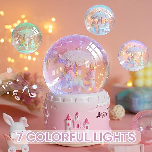 Miniatura 4 de Globo de nieve musical de unicornio para niños y niñas, caja de música con 7 luces LED con purpurina para cumpleaños, San Valentín