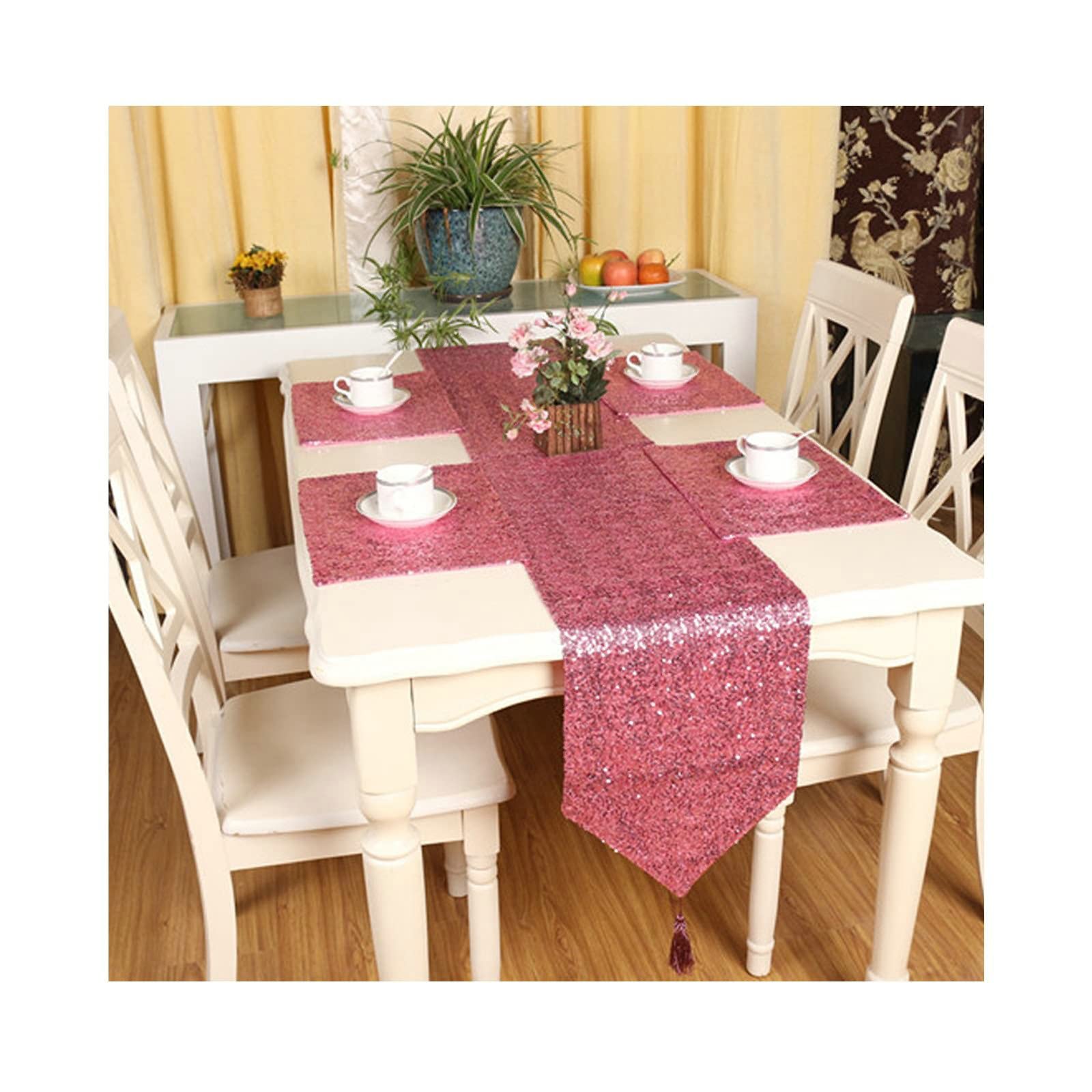 Chemin de table paillettes rose 33 x 200 cm chemin de table decoratif polyester long - 8
