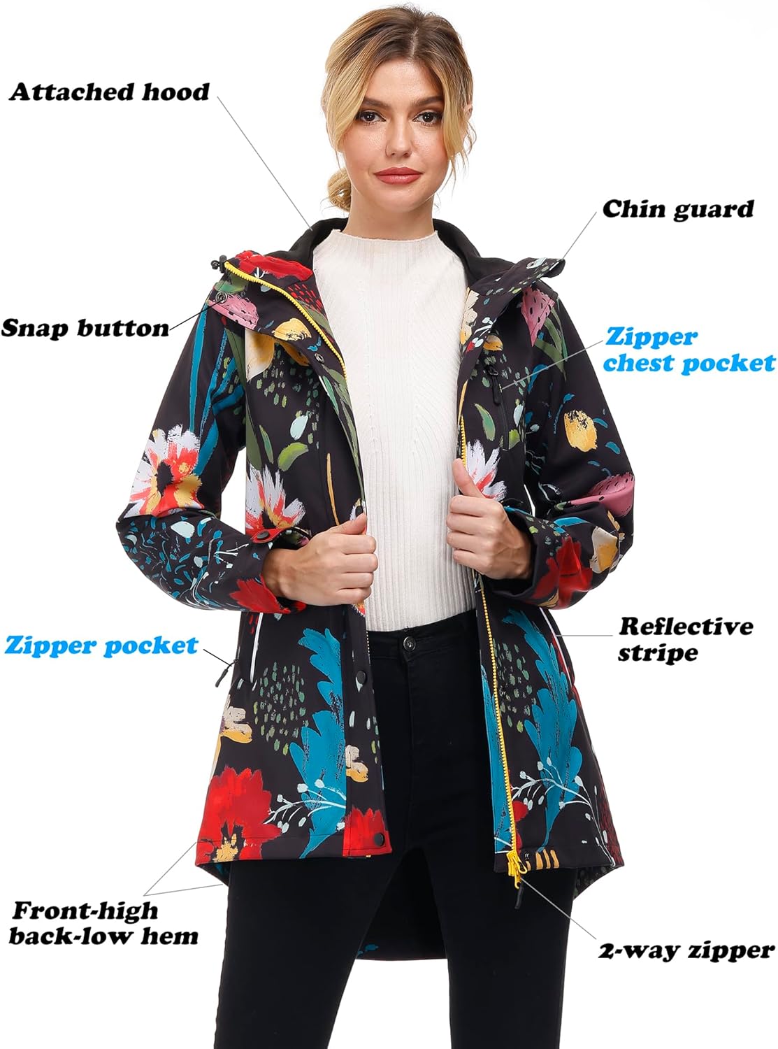 Womens Long Raincoat Waterproof Windbreaker Floral Print Softshell Trench Coat - Image 5