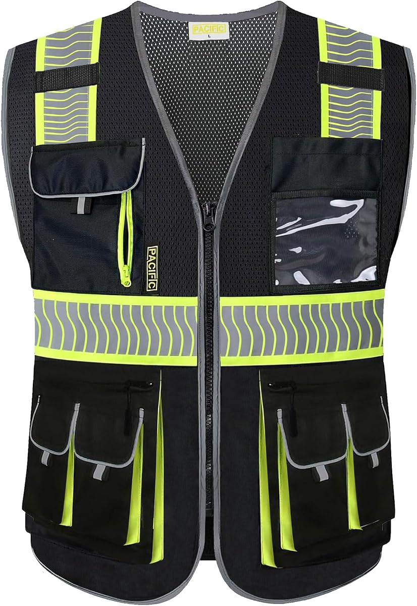 Class 1 Safety Vest, 10 Pockets, 3M Reflective, Black, Large | High visibility safety vest, reflective strips, 10 pockets, zipper front, mic tab, work vest for construction & utility work