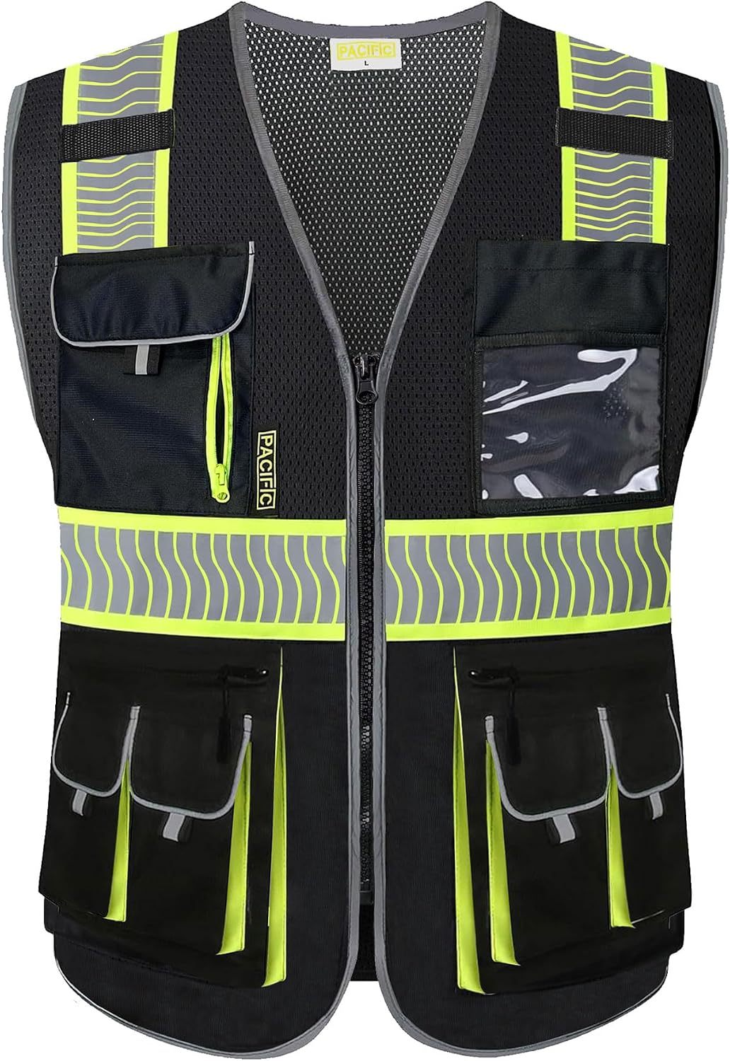 Class 1 Safety Vest, 10 Pockets, 3M Reflective, Black, Large | High visibility safety vest, reflective strips, 10 pockets, zipper front, mic tab, work vest for construction & utility work