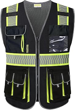 PACIFIC PPE 10 Pockets Class 1 Safety Vest for Men, 3M High Visibility Reflective Strips, Meets ANSI/ISEA Standard, Black, X-Large