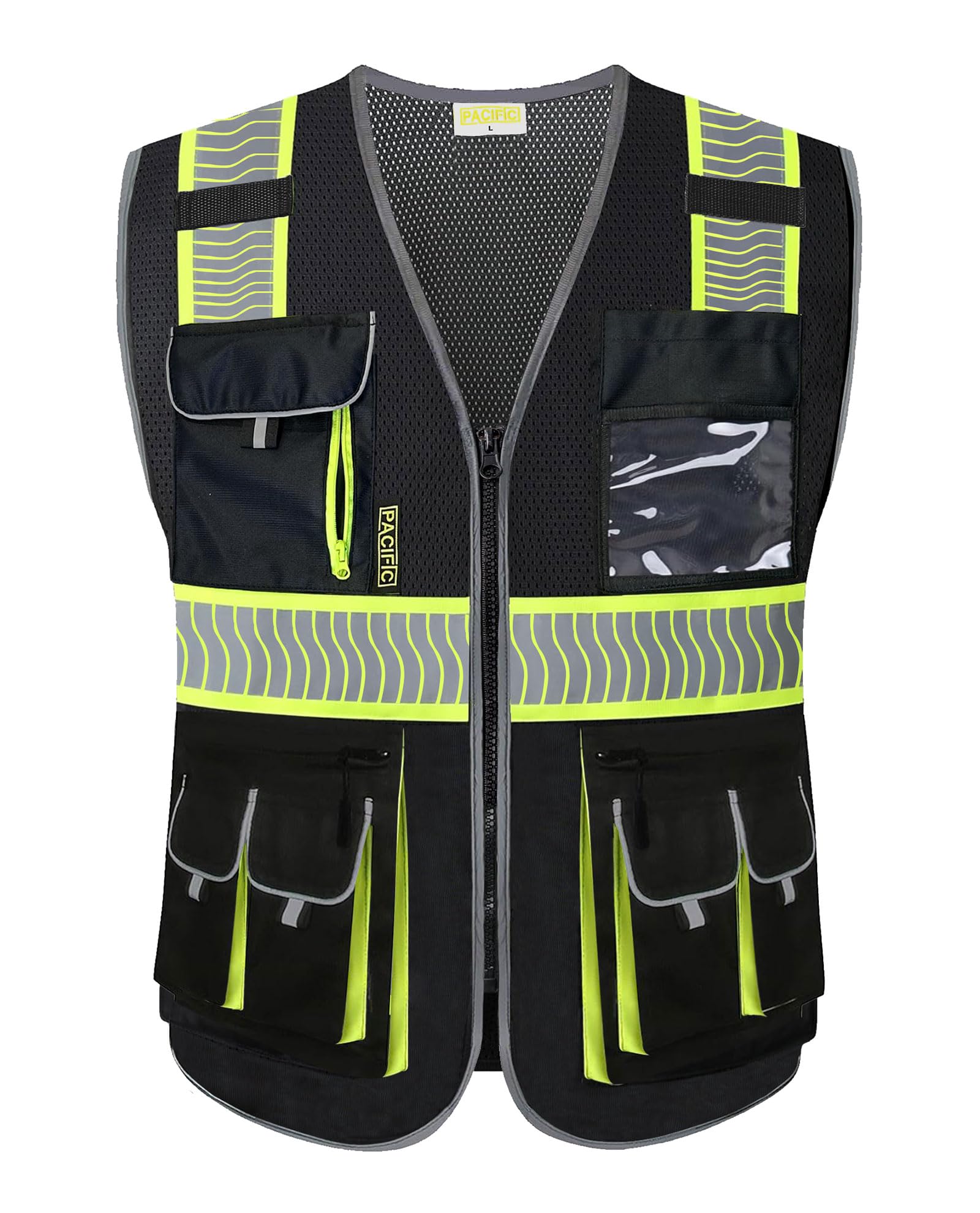 PACIFIC PPE 10 Pockets Class 1 Safety Vest for Men, 3M High Visibility Reflective Strips, Meets ANSI/ISEA Standard, Black, Medium