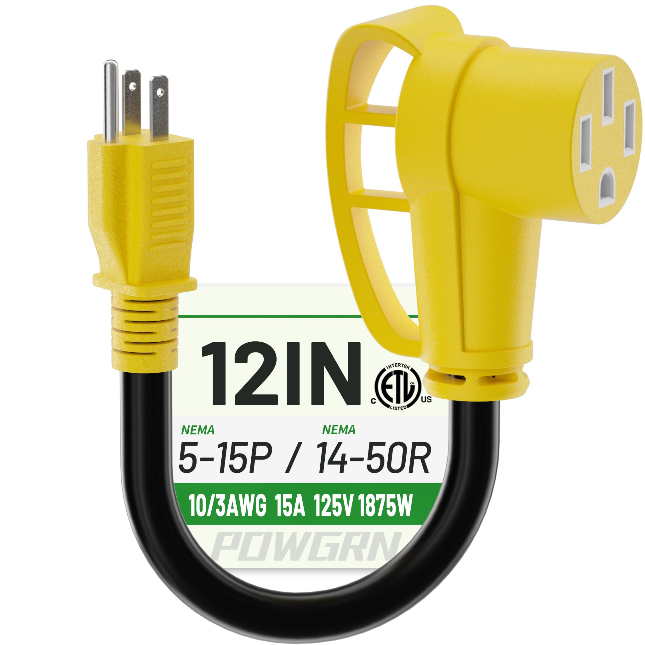 Photo 1 of POWGRN NEMA 5-15P to NEMA 14-50R, RV 50 Amp to 110 Adapter 12 inch, Heavy Duty 10/3 Gauge RV Electrical Adapter, STW 10AWG 15A 125V 1875W, Black-Yellow, ETL Listed