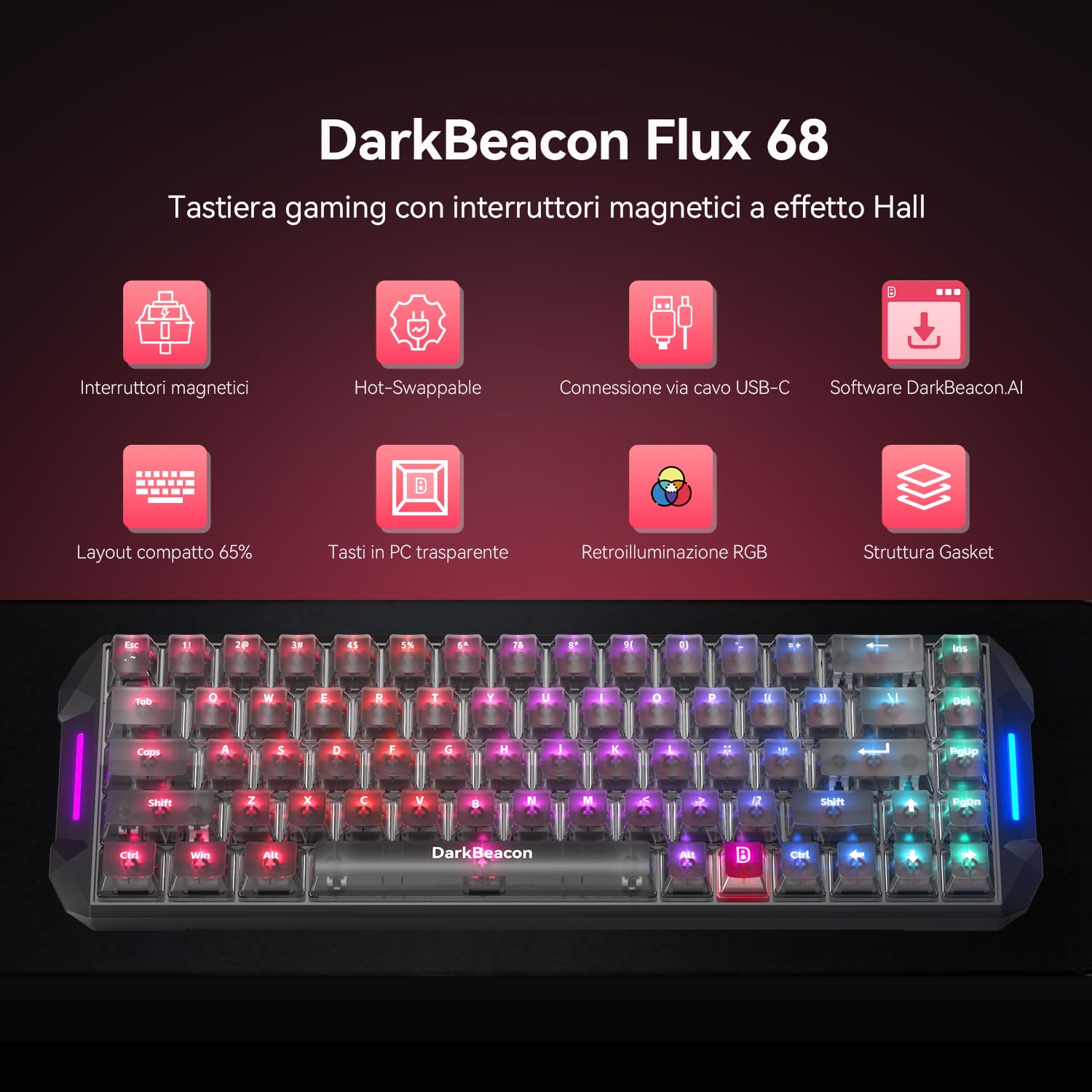 DarkBeacon Flux68 HE Tastiera Gaming Rapid Trigger con Precisione RT di 0,01mm, Software IA, 8000Hz, Switch Magnetici, Attuazione Regolabile, Snap Tap/DKS, Tastiera RGB cablata al 65% per PC/Mac