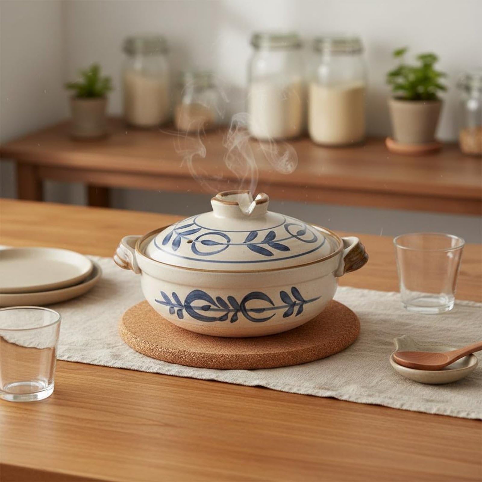 Qianly Pentola in Argilla Stile Giapponese Materiale Naturale Pentola per Zuppa e Stufato Mantiene il Calore Casseruola in Terracotta con Coperchio, 1.6L, Karakusa