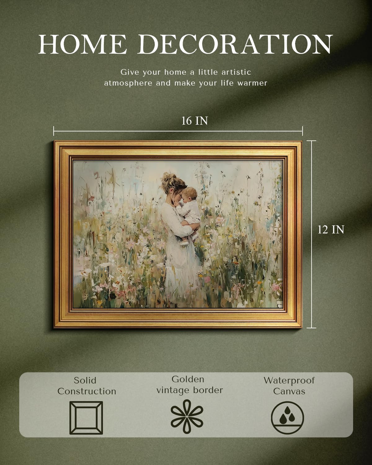 Vintage Gold Frame Mom Holding Baby Canvas Print 12x16 Wall Art, Impressionist Framed Motherhood Oil Painting Artwork, Celebrate Emotional Mother’s Day Gift Nursery Child Room Wall Décor