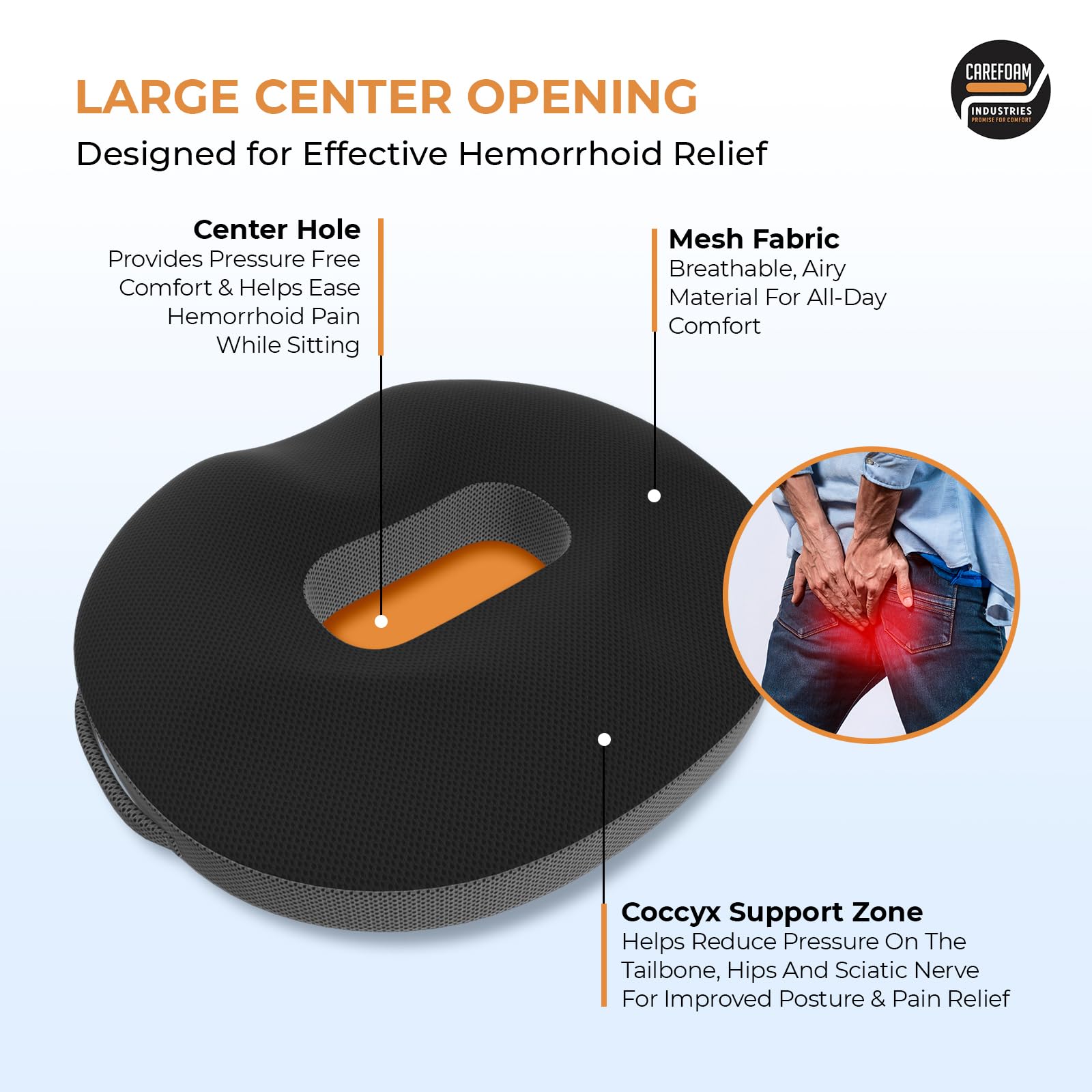 CareFoam Orthopedic Memory Foam Donut Cushion for Piles, Hemorrhoid, Tailbone & Hip Pain Relief | Ergonomic Pressure Relief Cushion for Office Chair, Car, Home & Wheelchair Use - Image 7 thumbnail