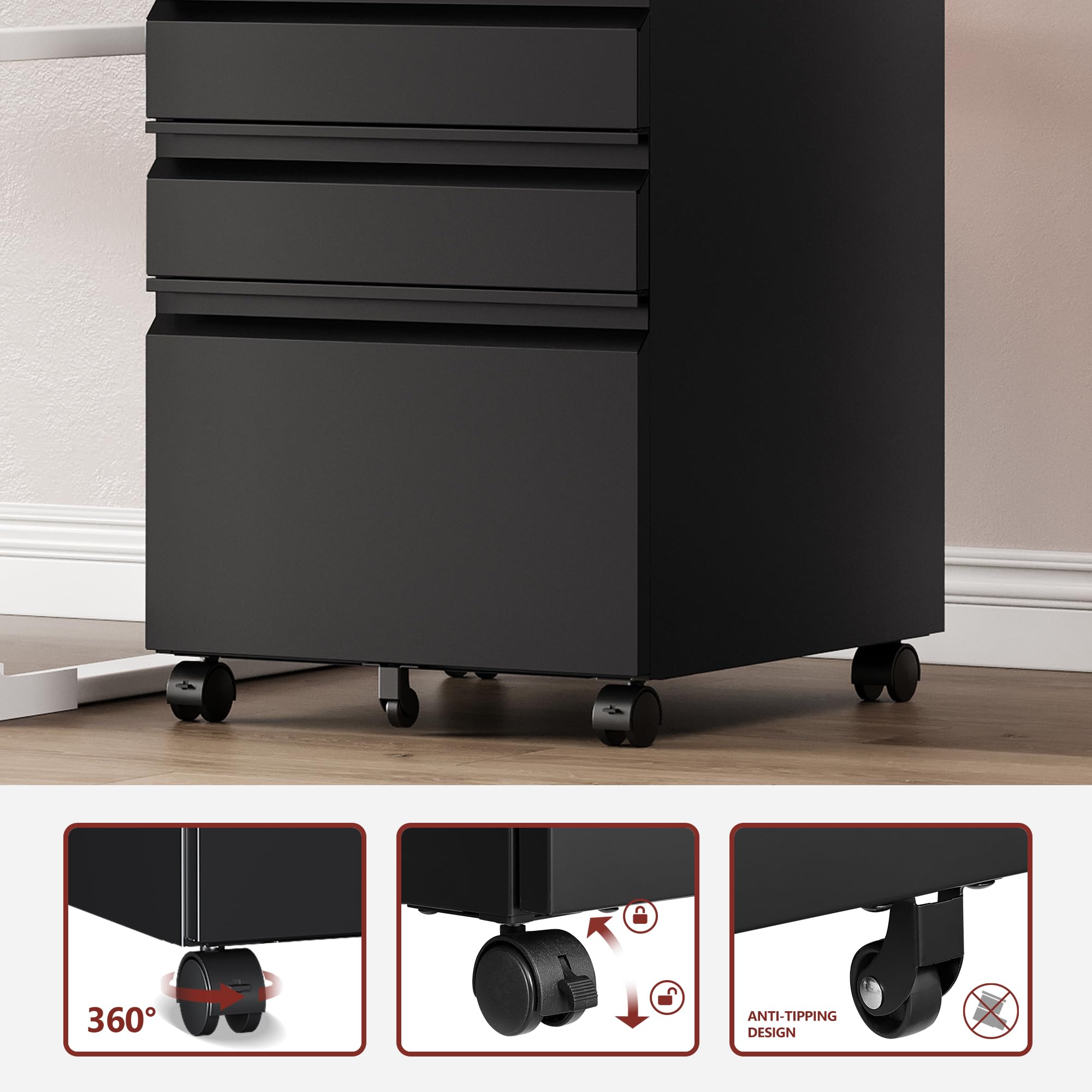 3 Drawer File Cabinet，Mobile Filing Cabinet with Lock and Wheels，Un-Assembled Metal Under Desk File Cabinets for A4/Letter/Legal Size（Black