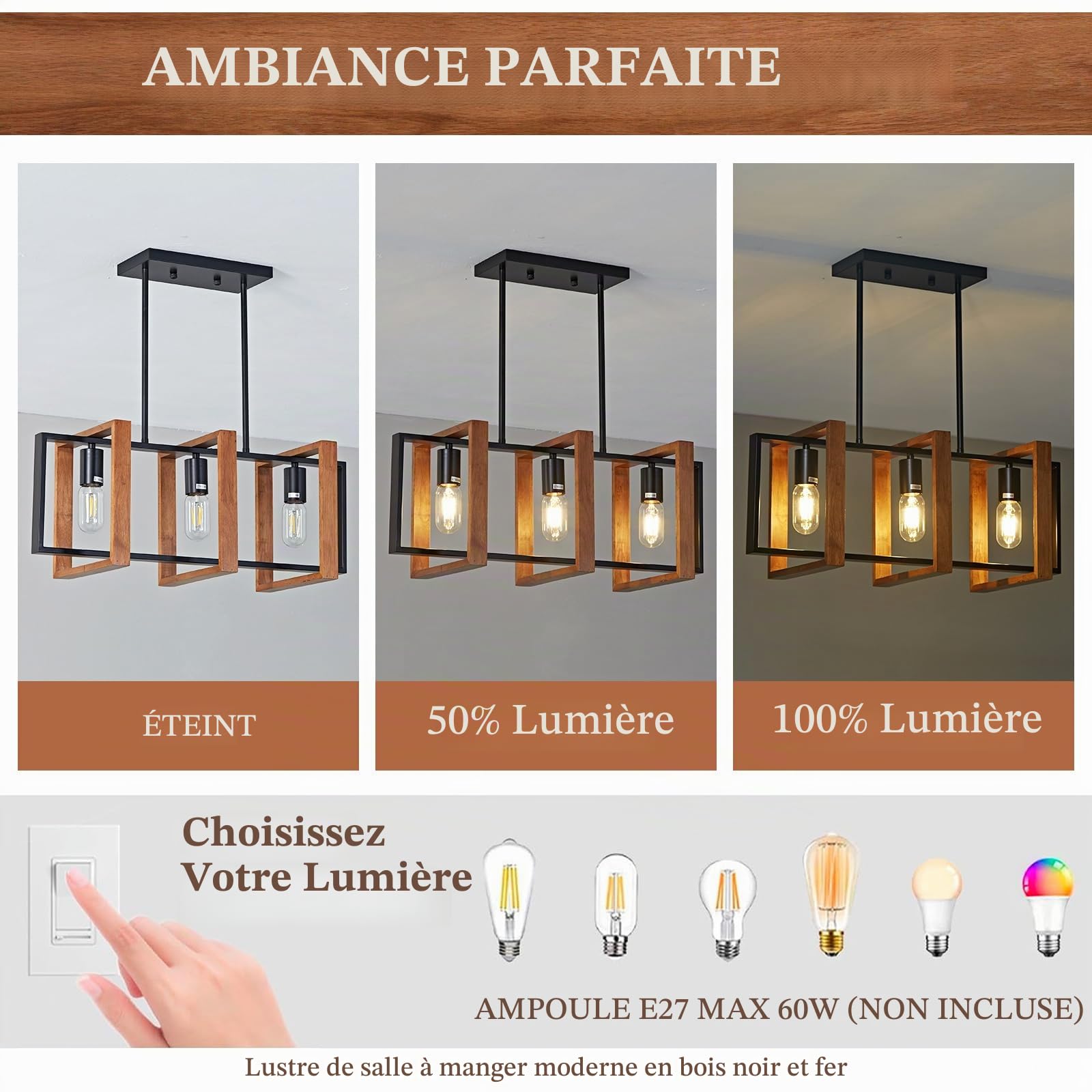 Lustre Moderne,Bois lustre salle à manger salon chambre 3 têtes | suspension luminaire,Hauteur réglable,Pour Couloir Du Hall Table De Billard lustre chambre adulte Cuisine