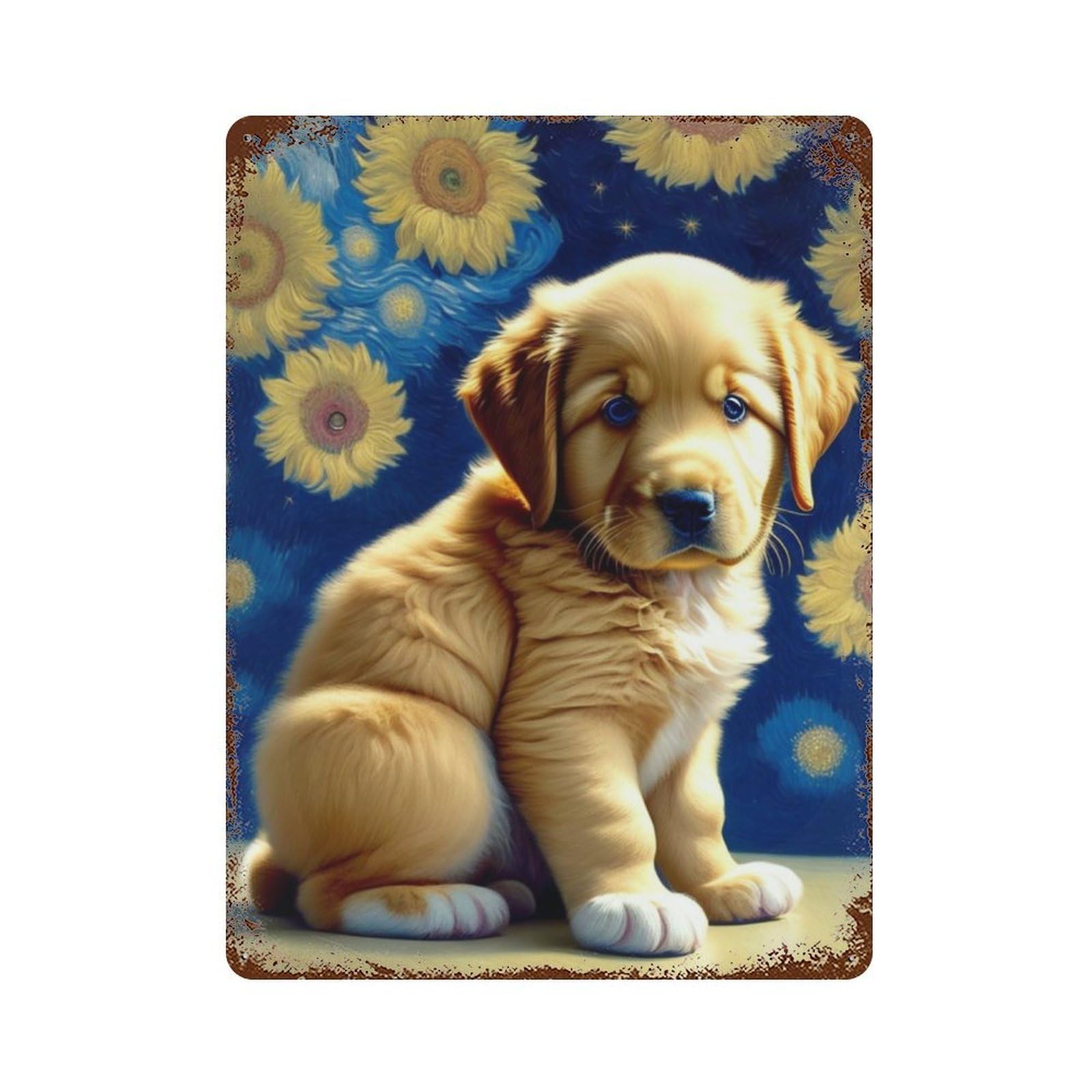 Rusty Metal Tin Sign Golden Retriever Puppy Art Print 15.7"x11.8", Classic Wall Plaque for Cafe, Home Bar And Lounge Decor