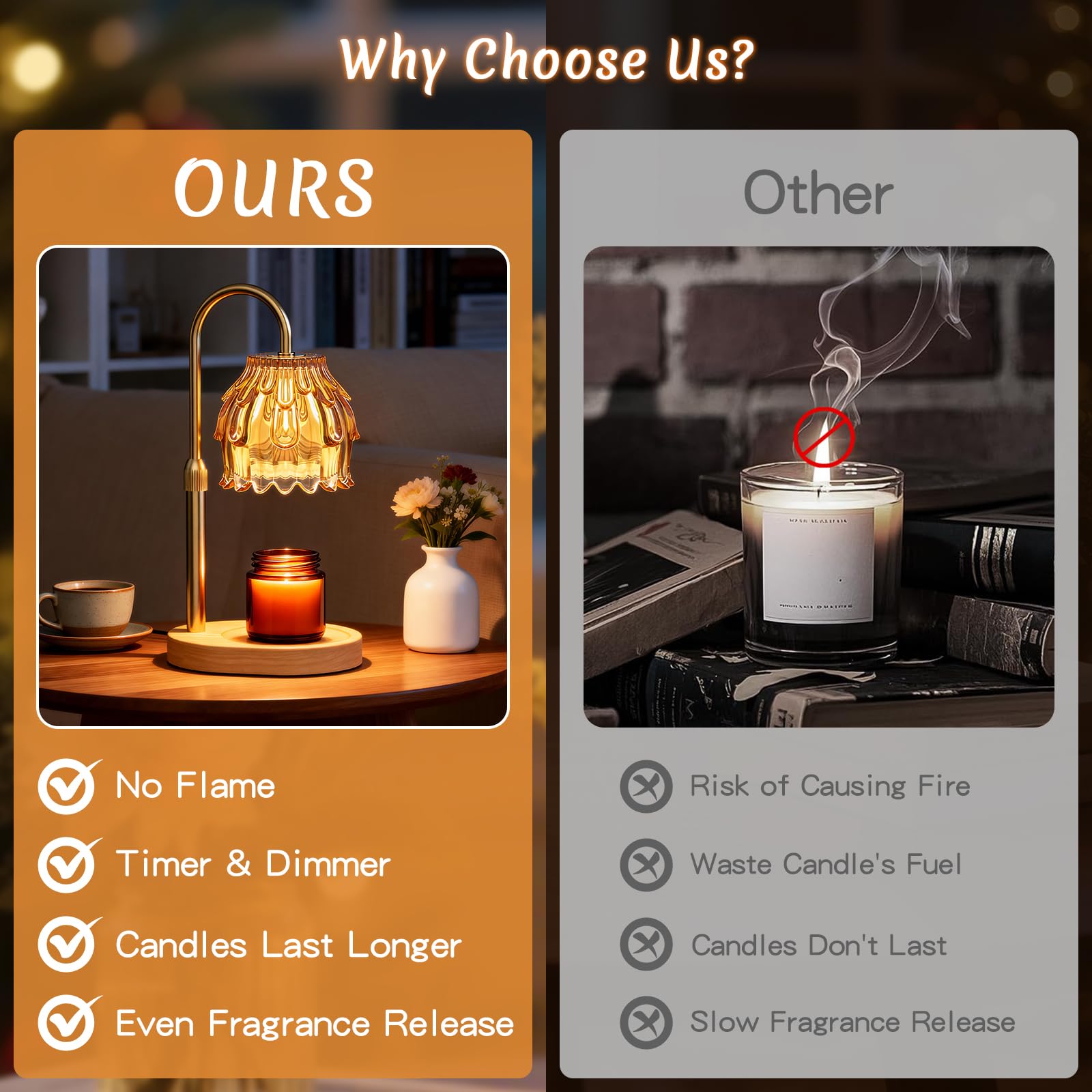 Lámpara Calentadora de Velas, Candle Warmer Lamp con Temporizador y Atenuador, Lámpara Calienta Velas Eléctrico con 2 Bombillas, Vela Lampara Perfumada Altura Ajustable para Hogar Decoración(Ambar)