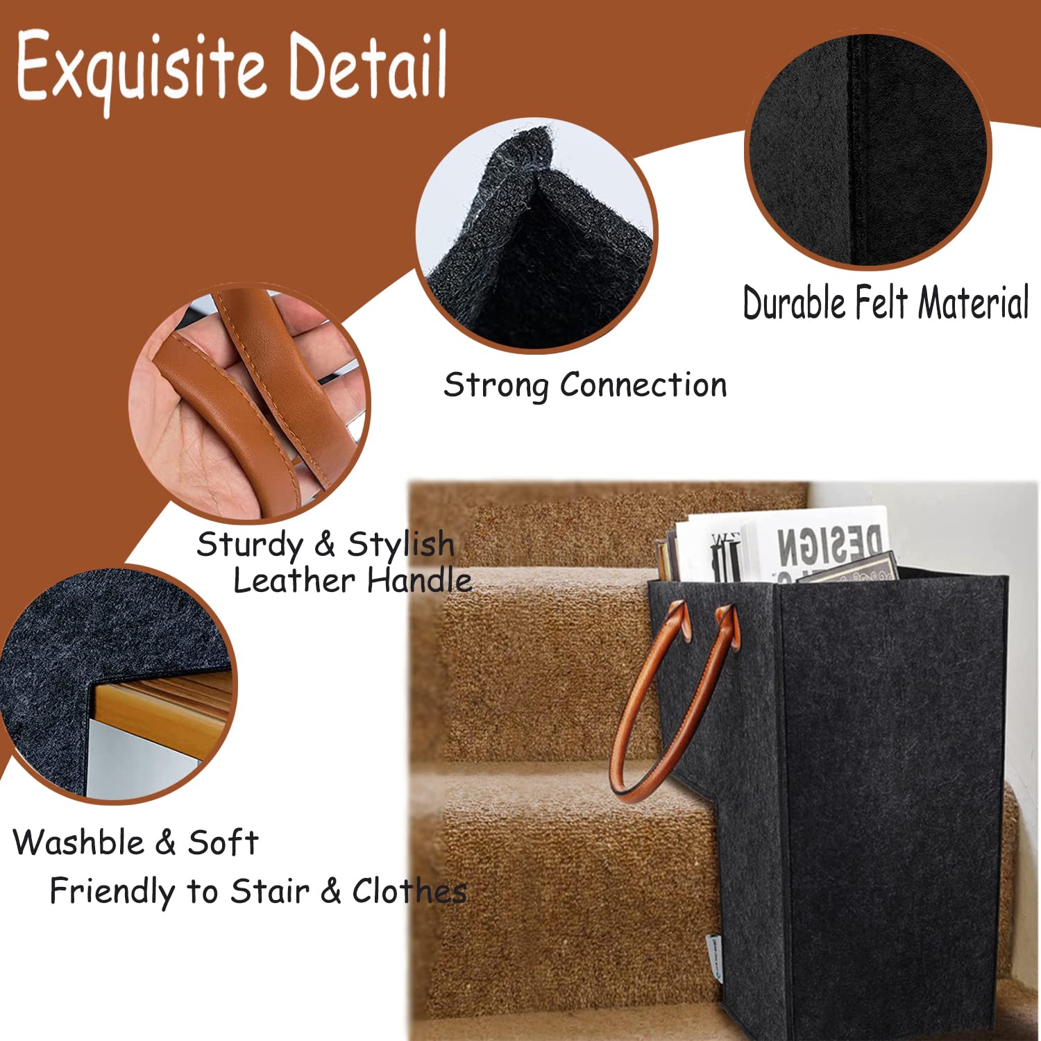 Cestino Per Scale In Feltro Pieghevole - Organizer Per Biancheria, Giocattoli, Scarpe | Nero, 21x42x40cm - Foto 7