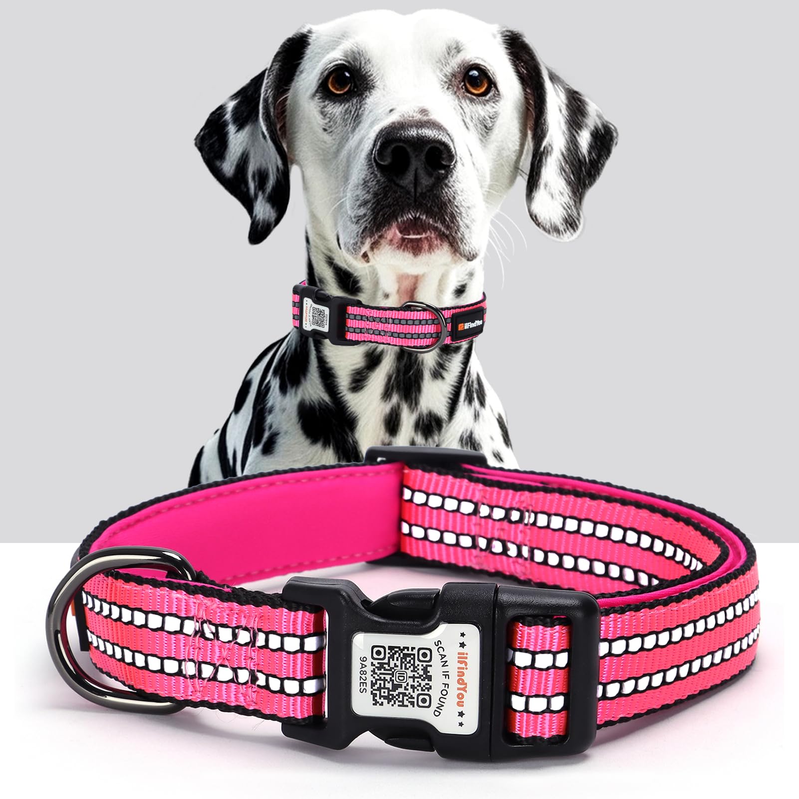 Chien perdu ? Collier QR code réfléchissant rose taille L pour sécurité nocturne