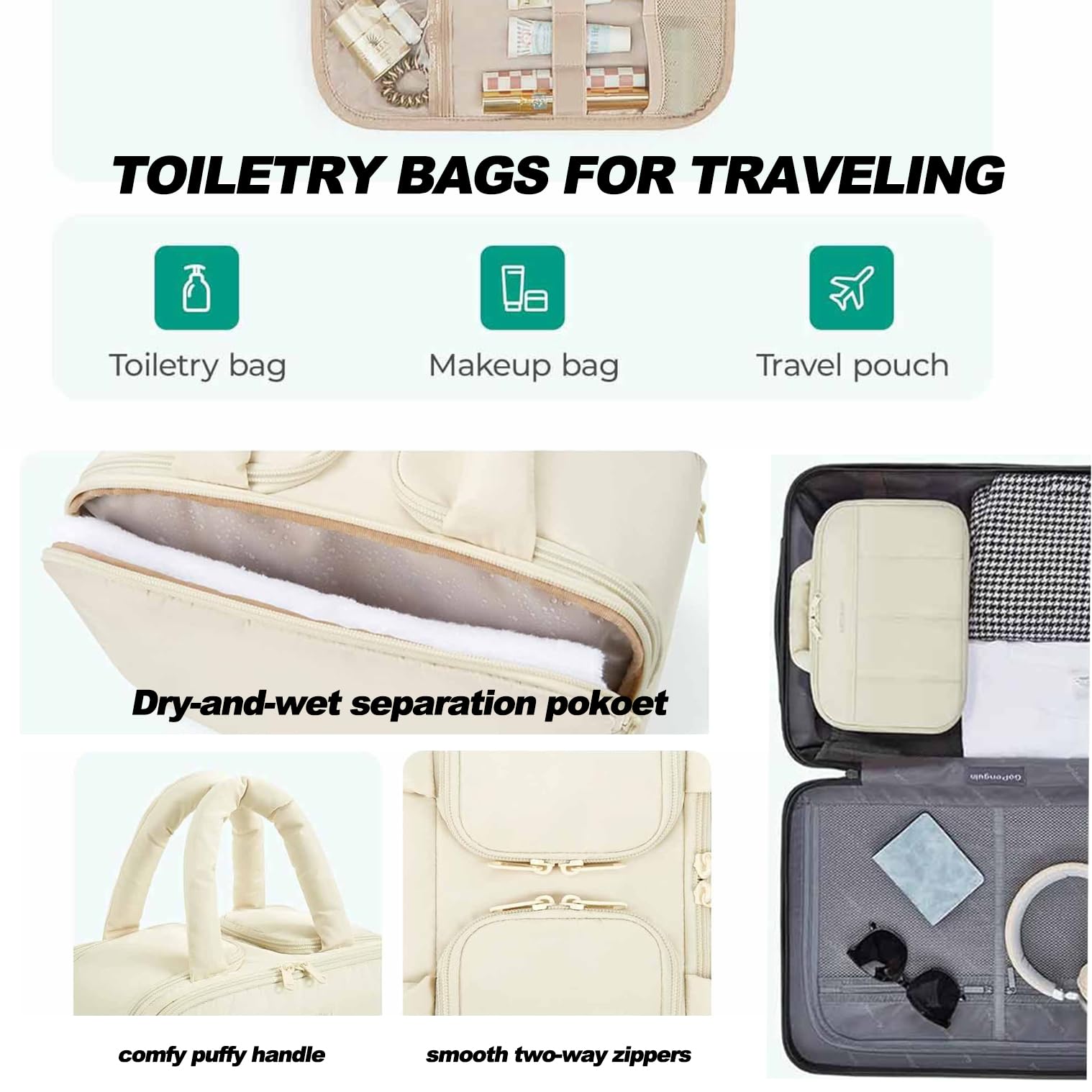 Neceser de viaje hinchado para mujer, organizador de cosméticos ligero con compartimentos y asa para húmedo y seco, bolsa de maquillaje grande para artículos esenciales, Beige, Neceser de