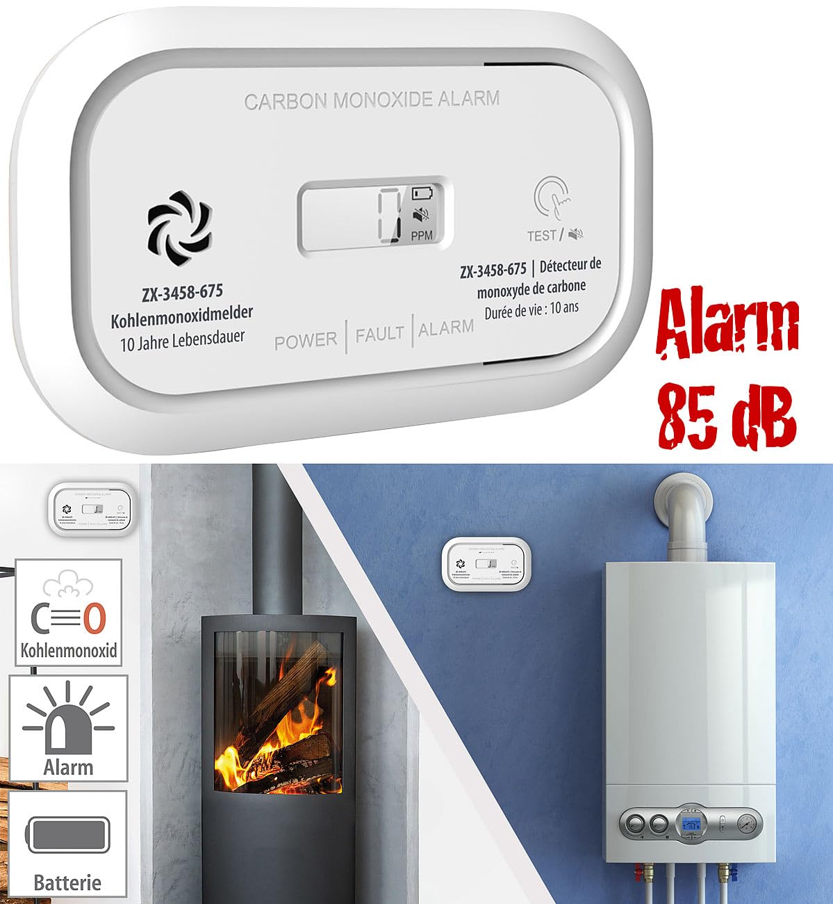 VisorTech Gasmelder Batterien: 5er-Set Digitale Kohlenmonoxid-Melder, 85 dB, Display, DIN EN 50291 (Kohlenmonoxid-Alarmdetektoren, Alarm Kohlenmonoxyd, Messgerät)