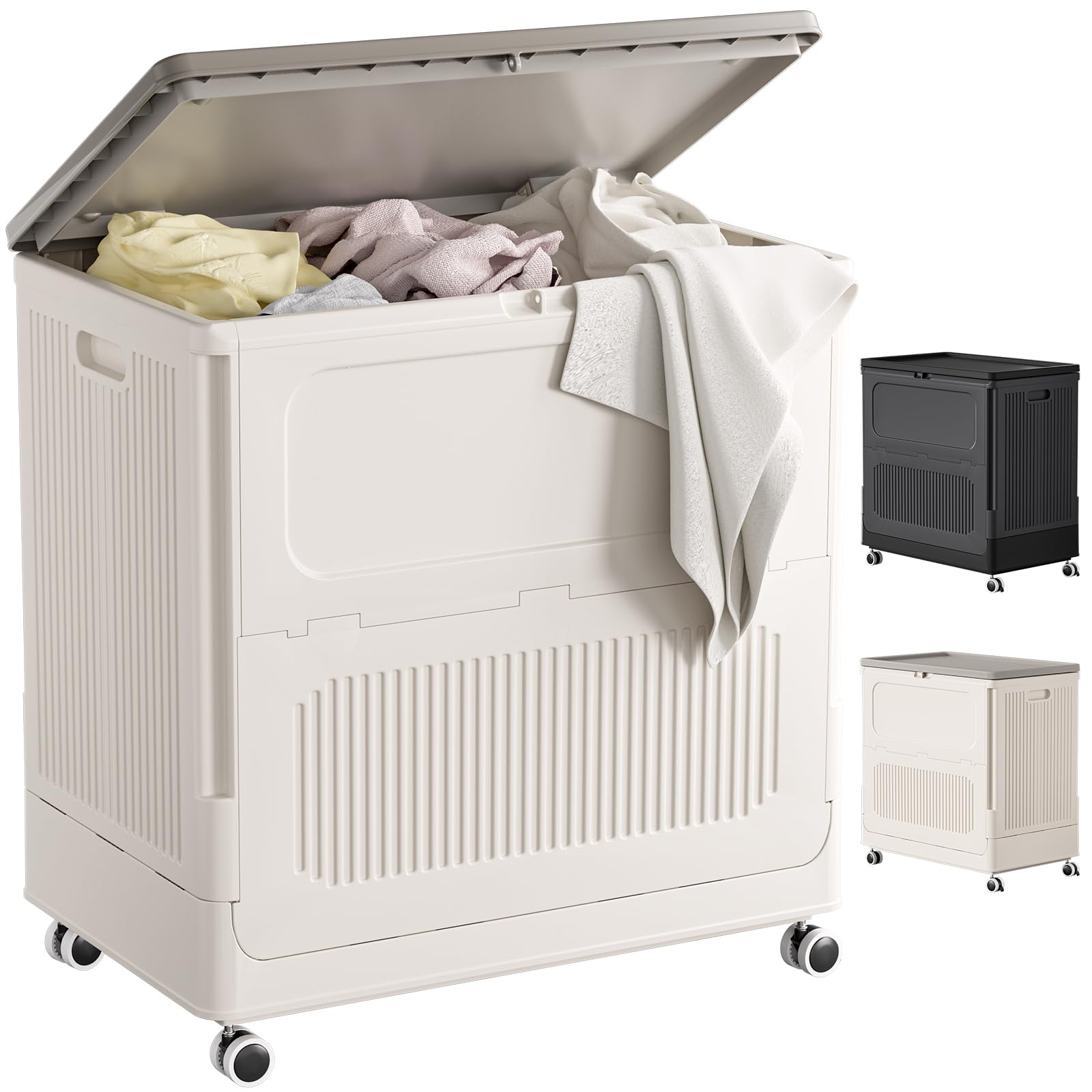 HAIXIN 130L Large Laundry Basket with Lids, Sturdy Washing Baskets with Wheels, Plastic Laundry Hamper Easy Install, Laundry Bin 1 Pack for Clothes Bathroom Bedroom, Moveable and Lockable (Milk Grey)
