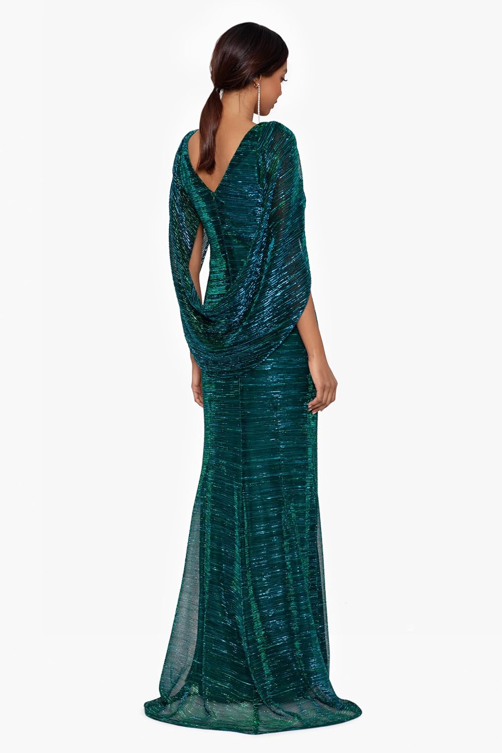 Betsy & Adam Womens Metallic Knit Draped Back Long Sleeve Floor Length Dress (Petite) - Image 2
