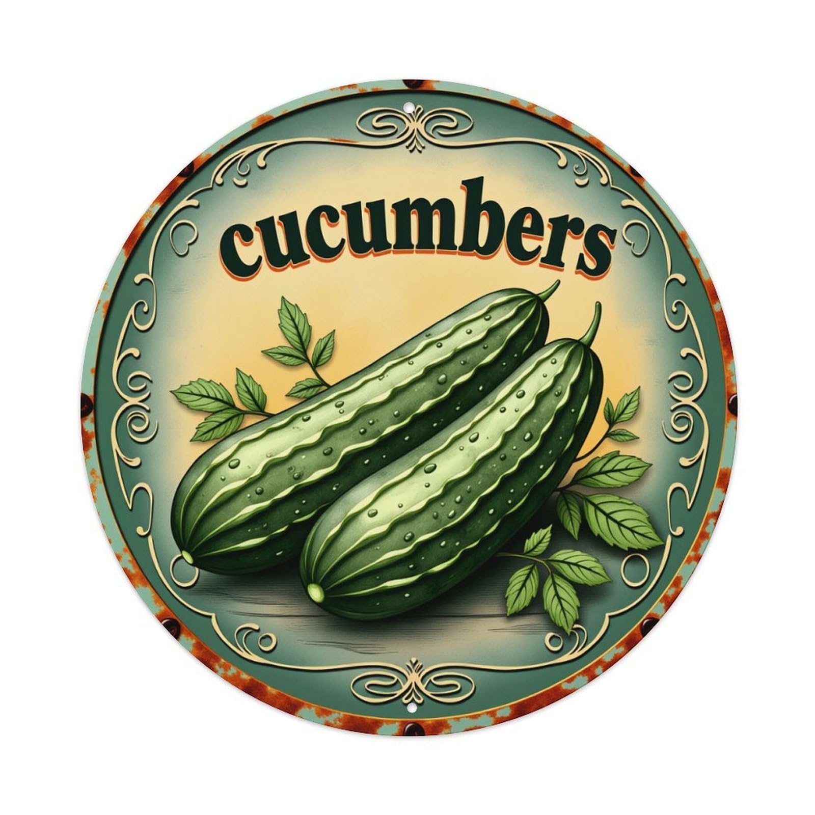 Cucumbers Green Leaves Vintage Design Round Tin Sign Vintage Metal Poster, Home Bar Garage Man Cave Cafe Indoor & Outdoor Wall Decoration 8x8Inches