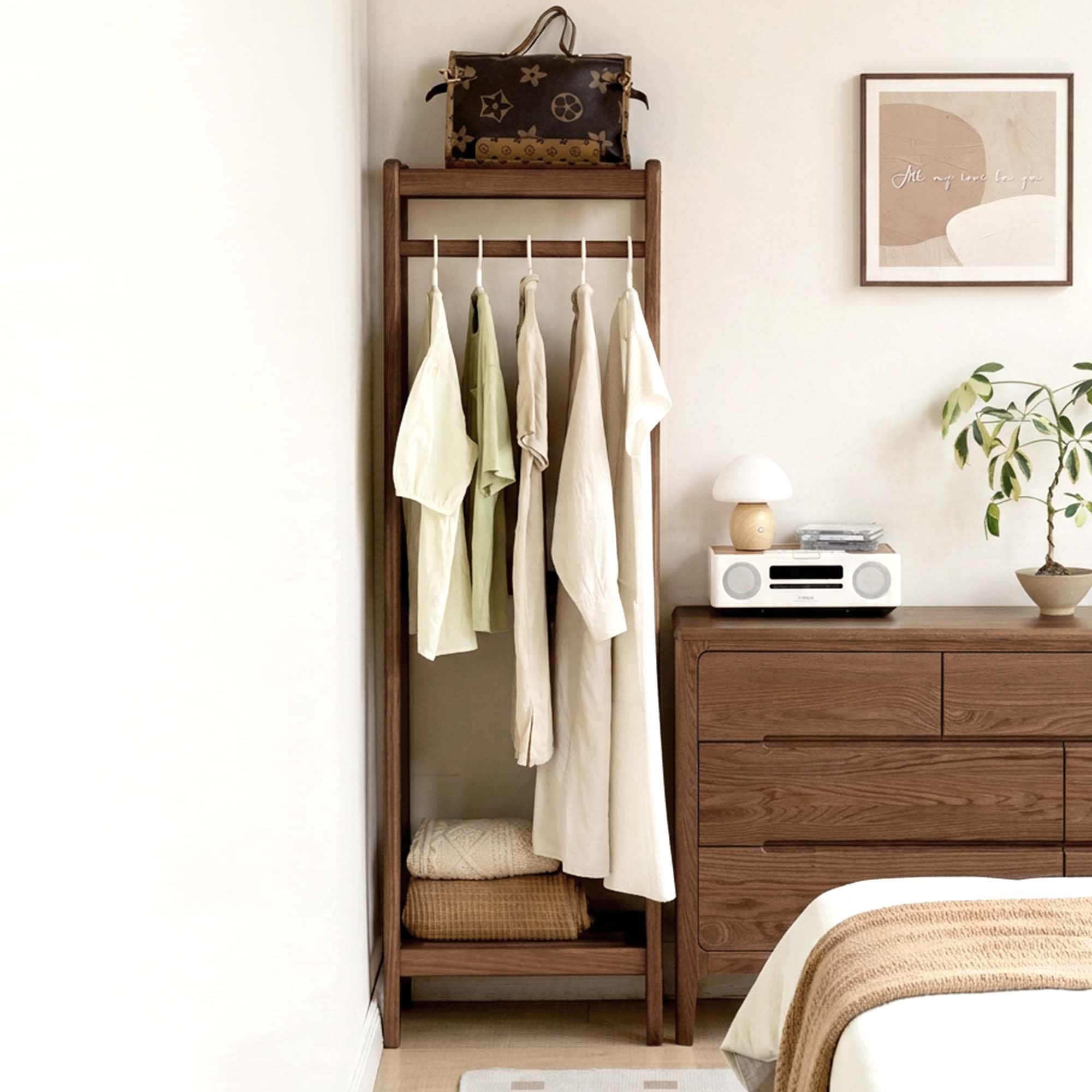 Solid Wood Coat Rack with Shelf, Freestanding Wooden Clothes Rail with 3 Tier Storage, Entryway Hall Tree for Bedroom Hallway Organisation, Oak with Walnut Finish Garment Rack, 50 x 40 x 160 cm