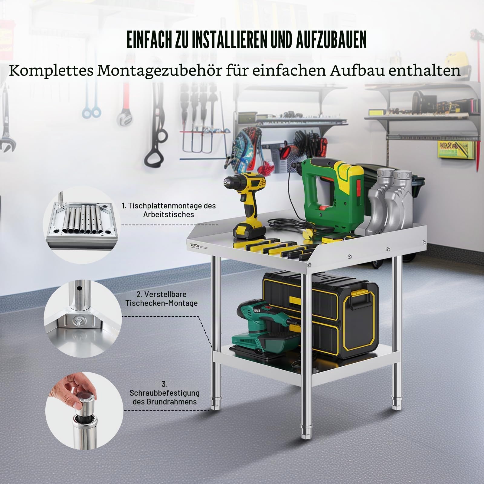 VEVOR Arbeitstisch Edelstahl, gewerblicher Arbeitstisch zur Lebensmittelzubereitung, 3-seitiger Spritzschutz, 61 x 61 x 66 cm