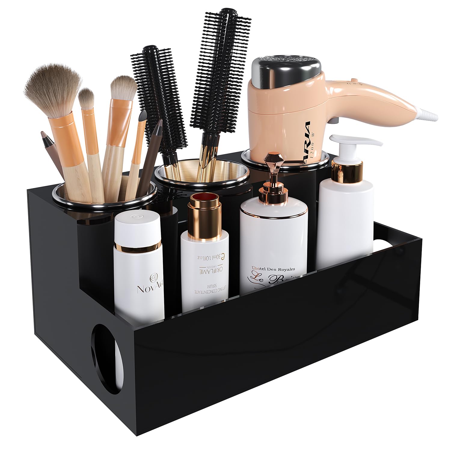 Organizador de herramientas para el cabello, soporte acrílico negro para secador de pelo con 3 tazas, soporte para secador de pelo, suministros de baño, soporte de almacenamiento para