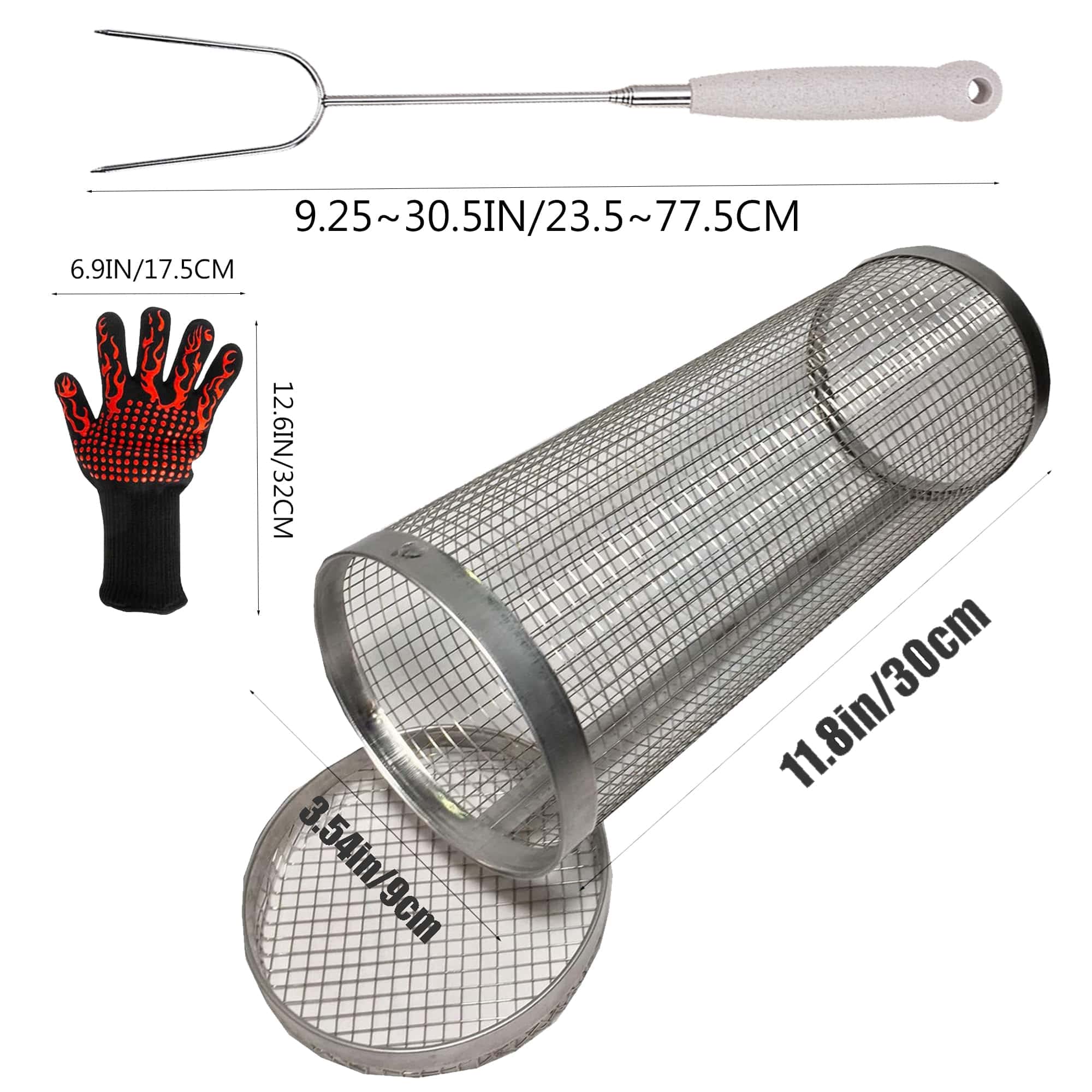 Set di cestelli per Grigliare di Alta qualità con Ruote - Cilindro griglia Portatile in Rete di Acciaio Inox con forchetta e Guanti per Verdure, Pesce e Patatine Fritte - Lavabile in lavasto