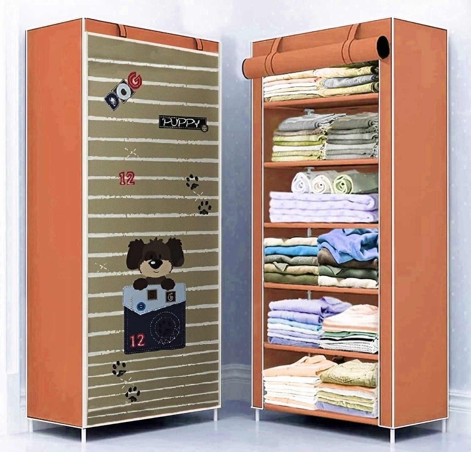 CMerchants Multipurpose Collapsible Organizer with Non Woven Dustproof Zip Cover for Clothes (6 Shelve) (Light Brown), Metal, 110 Cm, 28 Cm-image-49